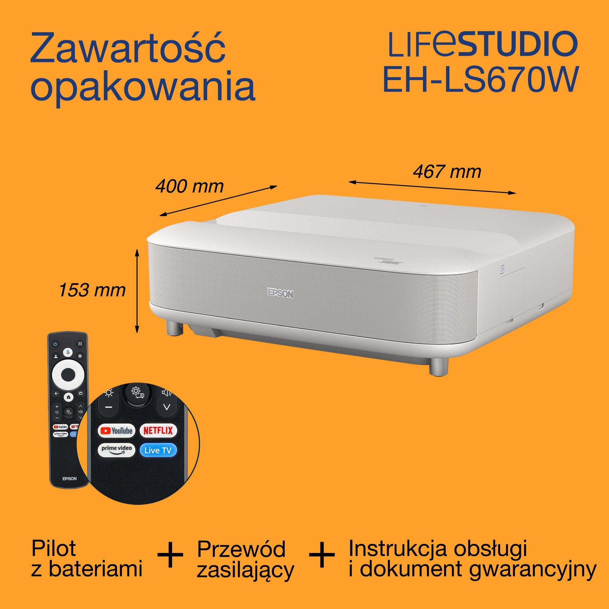 Lifestudio Grand EH-LS670W firmy Epson, inteligentny projektor laserowy o ultrakrótkim rzucie, 4K PRO-UHD, 3600 lumenów, Sound by Bose, Google TV, wyświetlacz 120 cali, 5-letnia gwarancja whats in the box