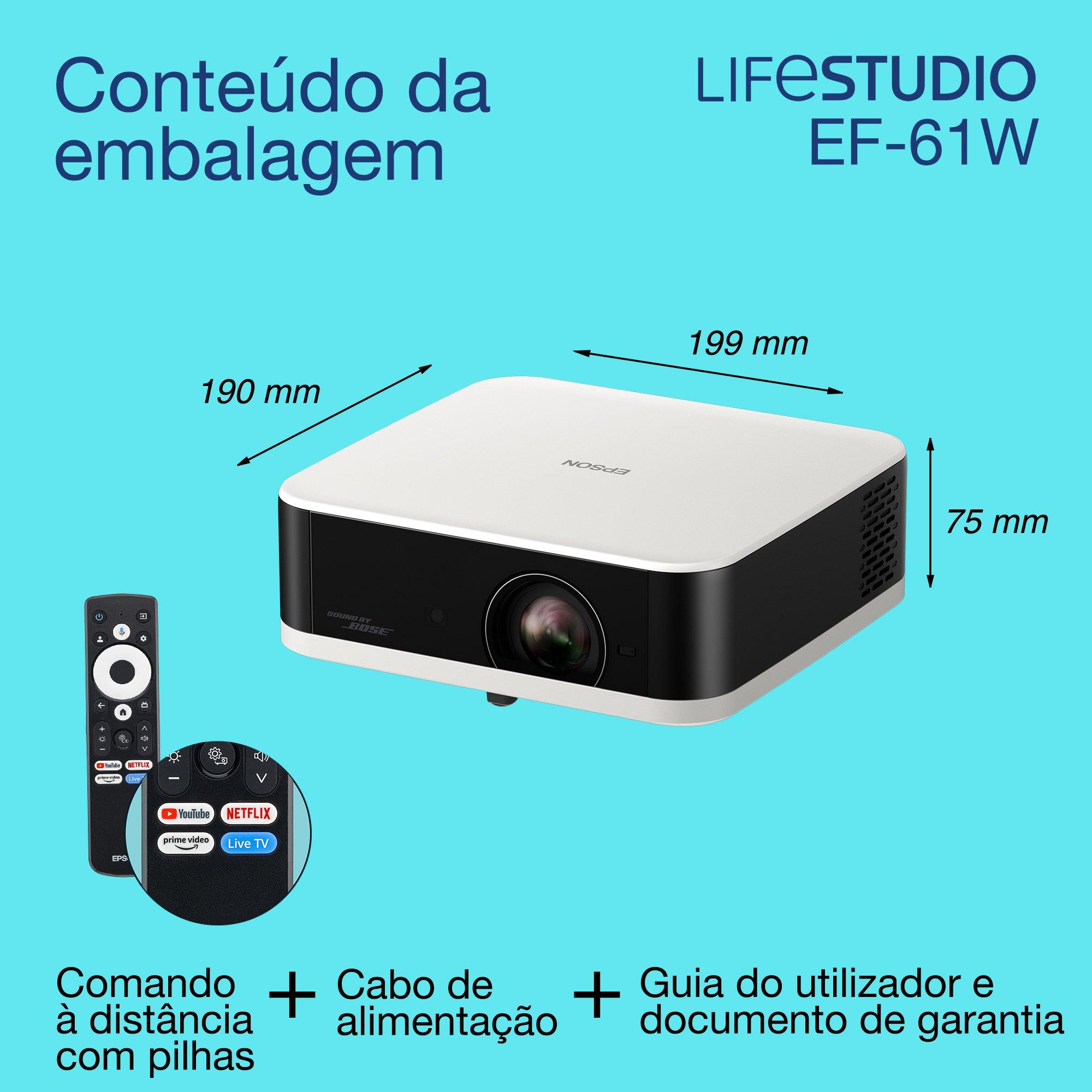 Epson Lifestudio Pop EF-61W, projetor Smart TV Full HD 1080p, portátil, 700 lumens, Sound by Bose, Google TV, ecrã de 150 polegadas whats in the box