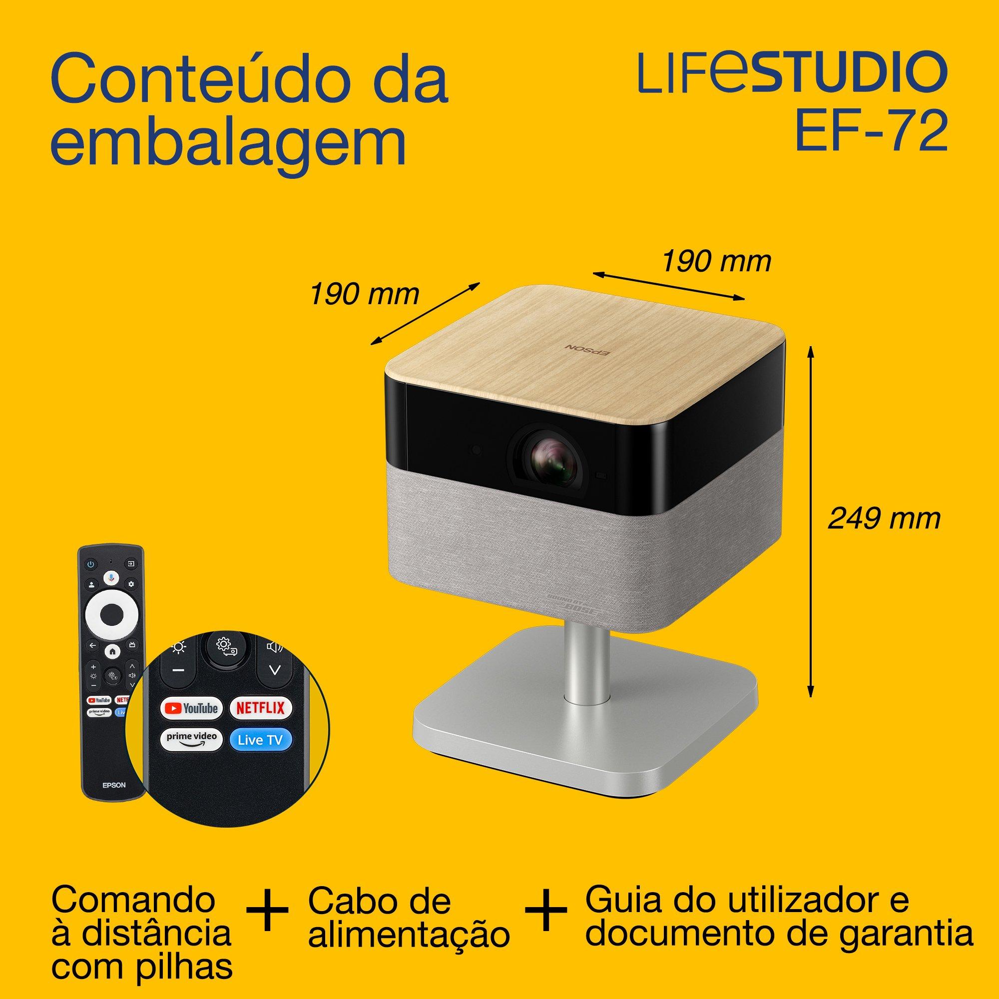 Epson Lifestudio Flex Plus EF-72, projetor Smart TV 4K PRO-UHD, portátil, 1000 lumens, Sound by Bose, Google TV, ecrã de 150 polegadas whats in the box