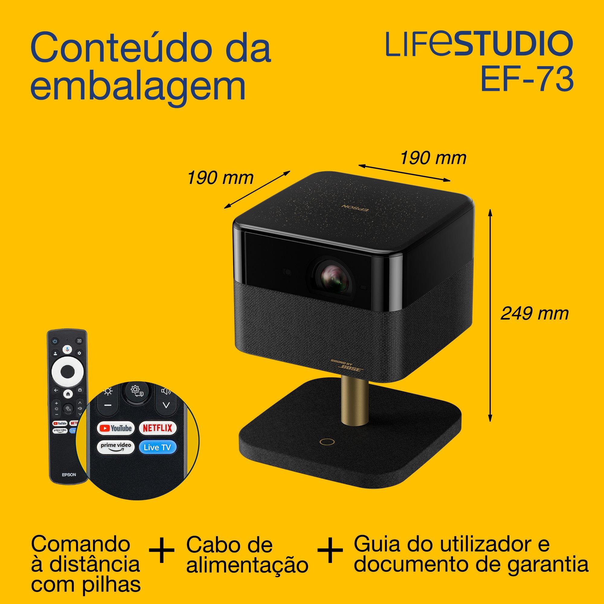 Epson Lifestudio Flex Plus EF-73, projetor Smart TV 4K PRO-UHD, portátil, 1000 lumens, Sound by Bose, Google TV, ecrã de 150 polegadas whats in the box