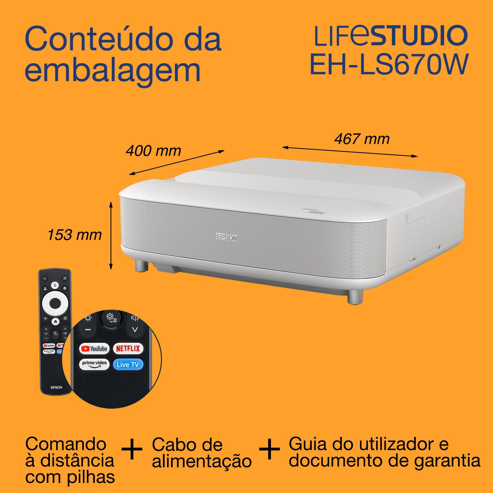 Epson Lifestudio Grand EH-LS670W, projetor laser inteligente de ultracurta distância, 4K PRO-UHD, 3600 lumens, Sound by Bose, Google TV, ecrã de 120 polegadas, garantia de 5 anos whats in the box