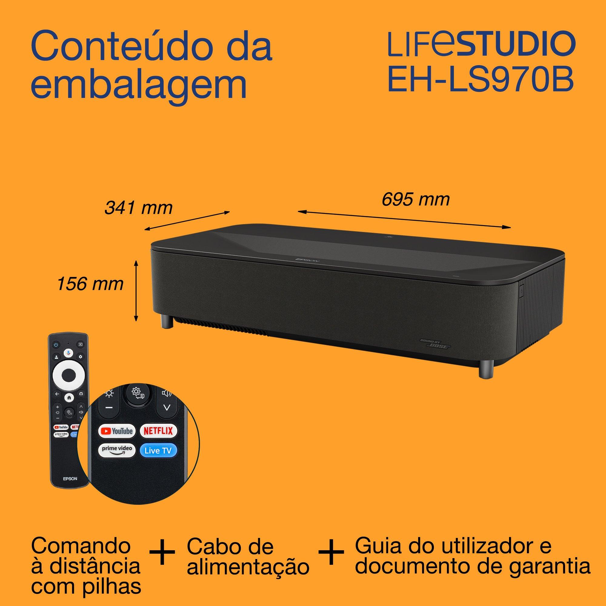 Epson Lifestudio Grand Plus EH-LS970B, Projetor laser inteligente de TV de ultracurta distância, Home Cinema 4K, 4000 lumens, Sound by Bose, Google TV, ecrã de 150 polegadas, garantia de 5 anos whats in the box