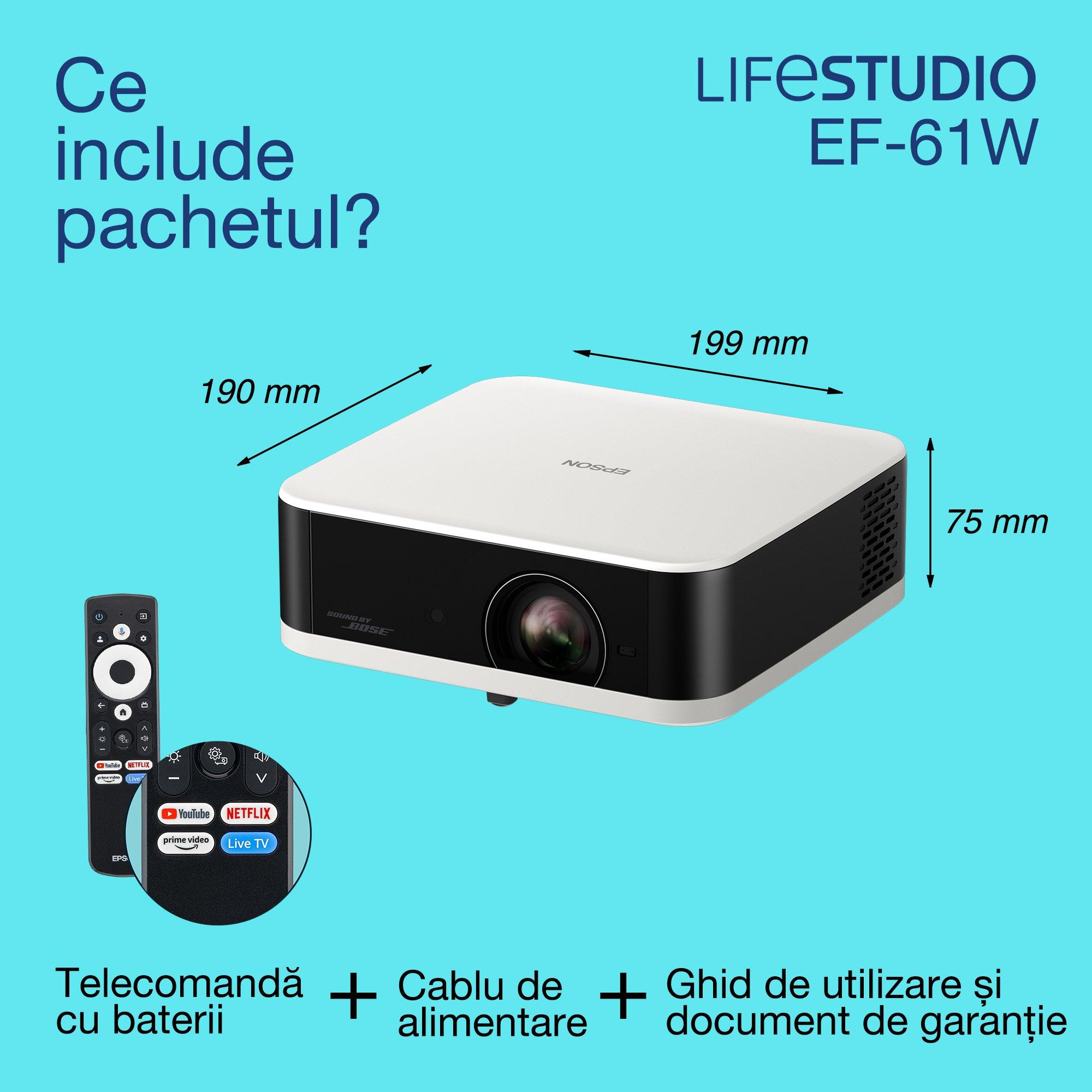 Epson Lifestudio Pop EF-61W, proiector Smart TV Full HD 1080p, portabil, 700 de lumeni, Sound by Bose, Google TV, afișaj de 150'' whats in the box