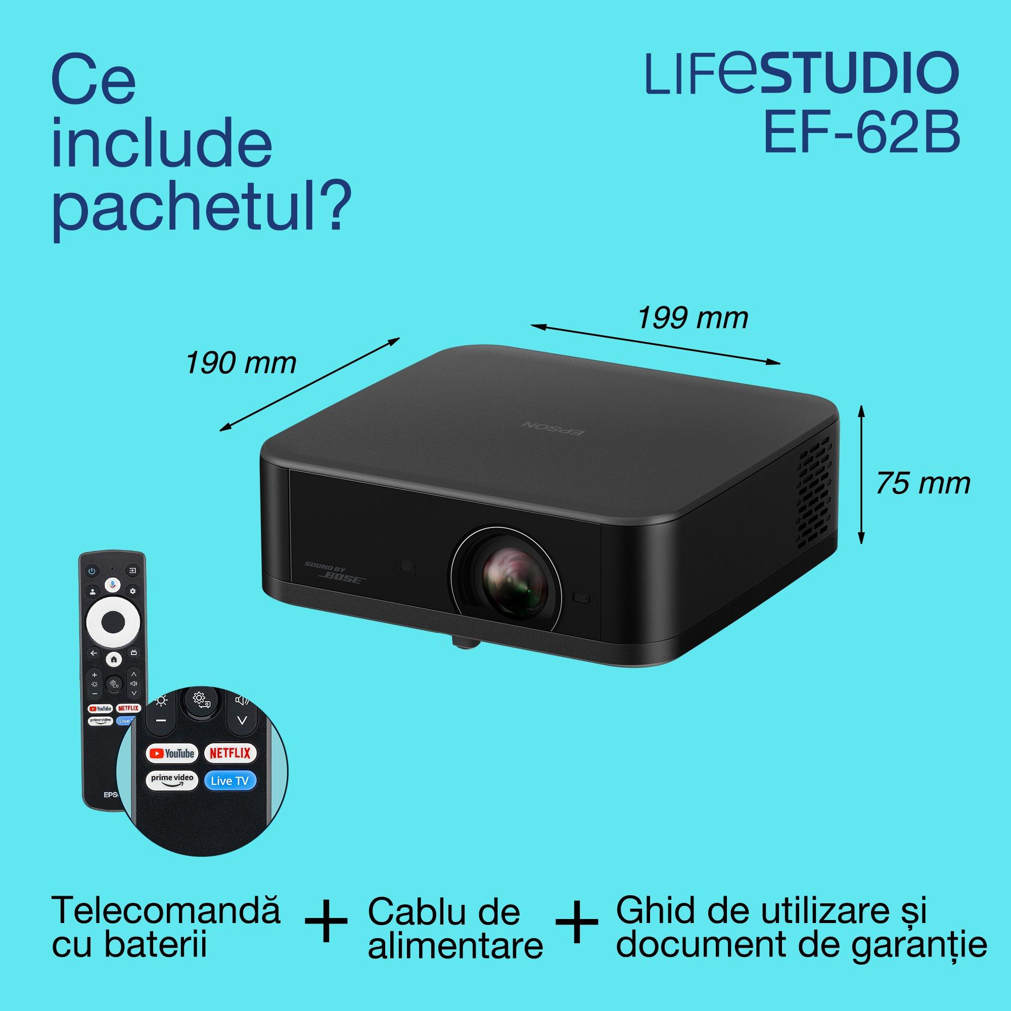 Epson Lifestudio Pop Plus EF-62B, proiector Smart TV 4K PRO-UHD, portabil, 700 de lumeni, Sound by Bose, Google TV, afișaj de 150" whats in the box