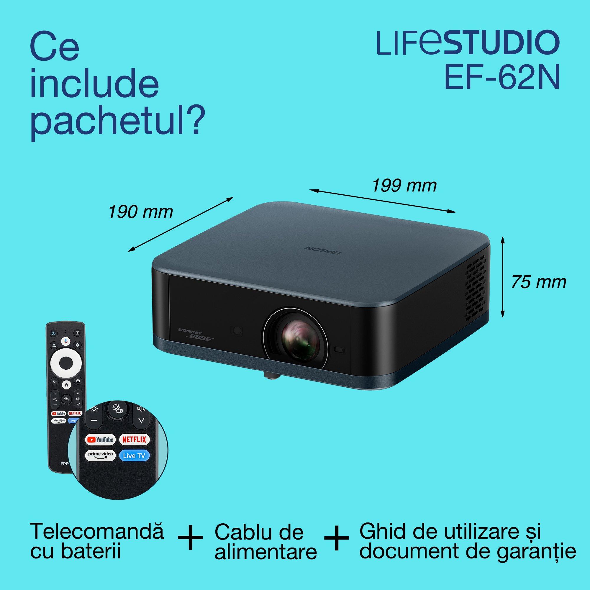 Epson Lifestudio Pop Plus EF-62N, proiector Smart TV 4K PRO-UHD, portabil, 700 de lumeni, Sound by Bose, Google TV, afișaj de 150" whats in the box