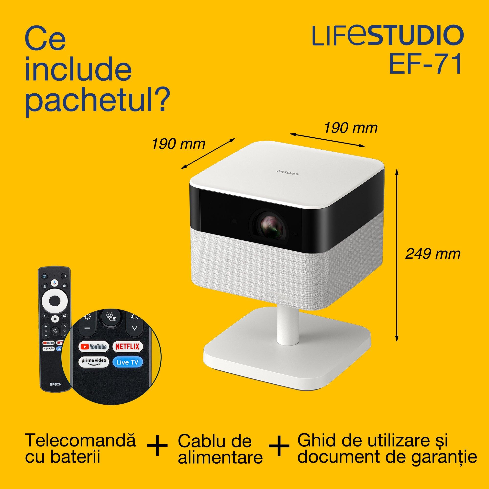 Epson Lifestudio Flex EF-71, proiector Smart TV Full HD 1080p, portabil, 700 de lumeni, Sound by Bose, Google TV, afișaj de 150'' whats in the box