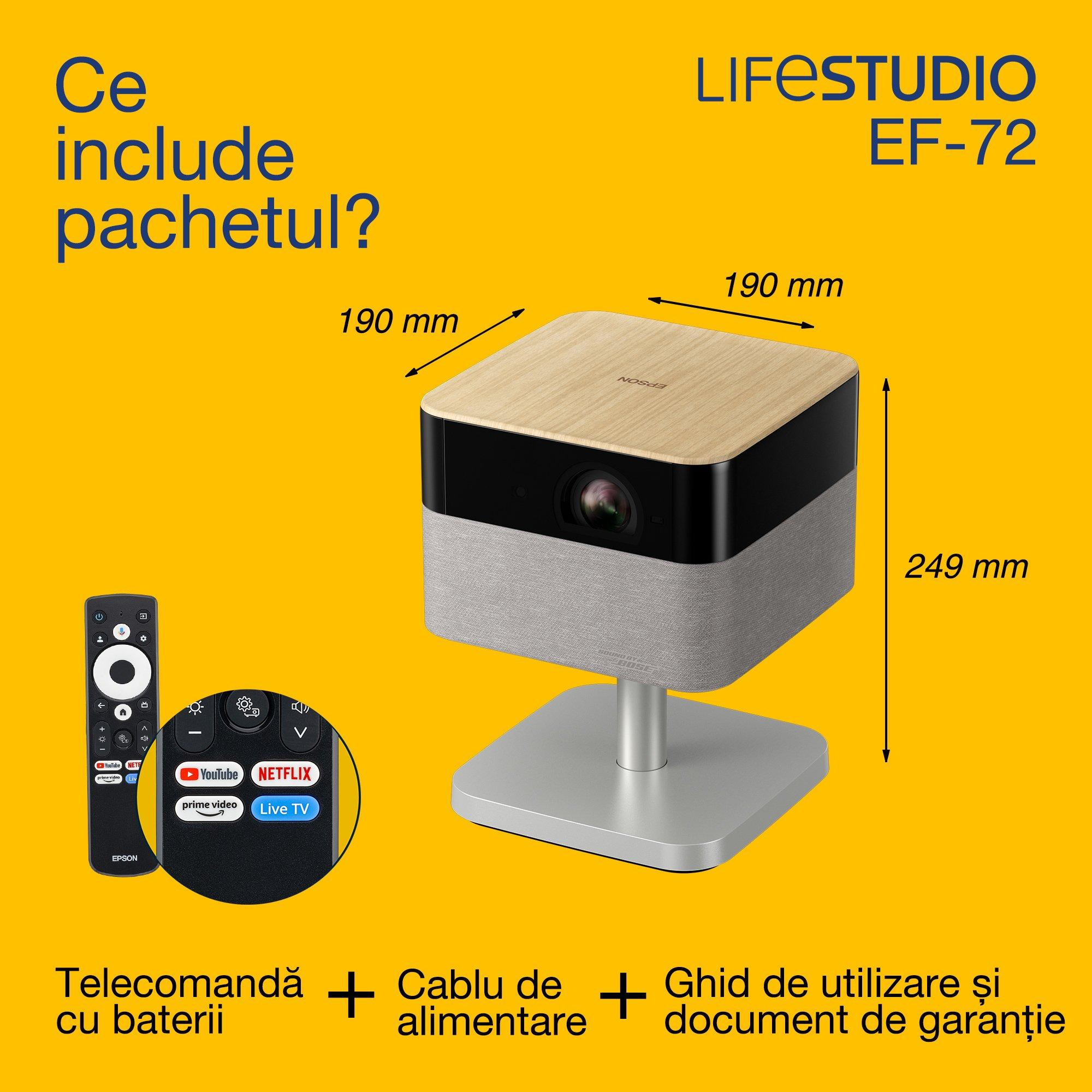 Epson Lifestudio Flex Plus EF-72, proiector Smart TV 4K PRO-UHD, portabil, 1.000 de lumeni, Sound by Bose, Google TV, afișaj de 150" whats in the box