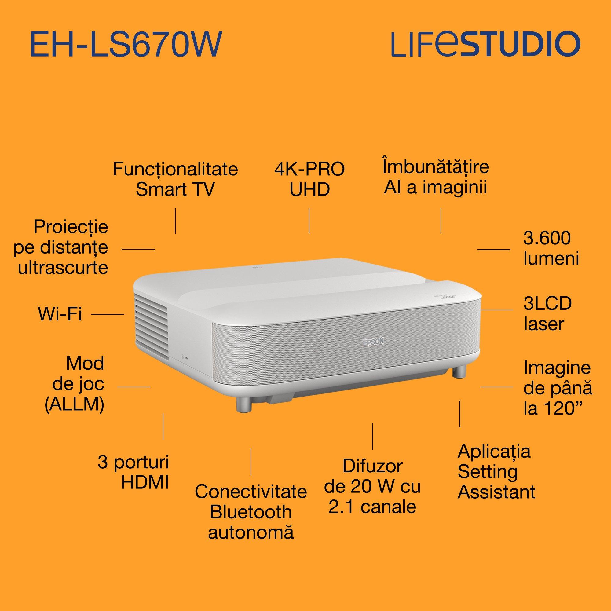 Epson Lifestudio Grand EH-LS670W, proiector laser inteligent cu