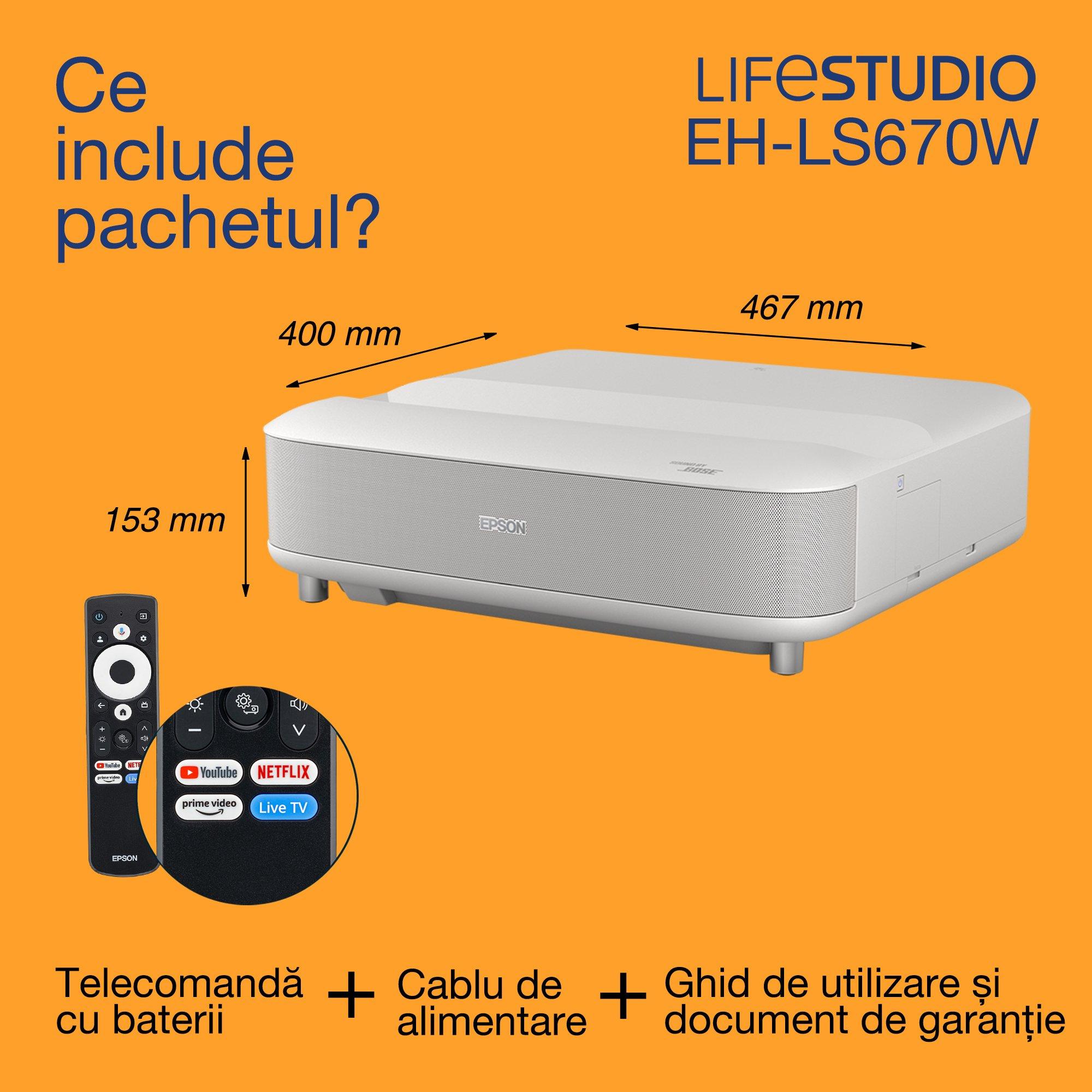 Epson Lifestudio Grand EH-LS670W, proiector laser inteligent cu proiecție pe distanțe ultrascurte-TV, 4K PRO-UHD, 3.600 de lumeni, Sound by Bose, Google TV, afișaj de 120", 5 ani garanție whats in the box