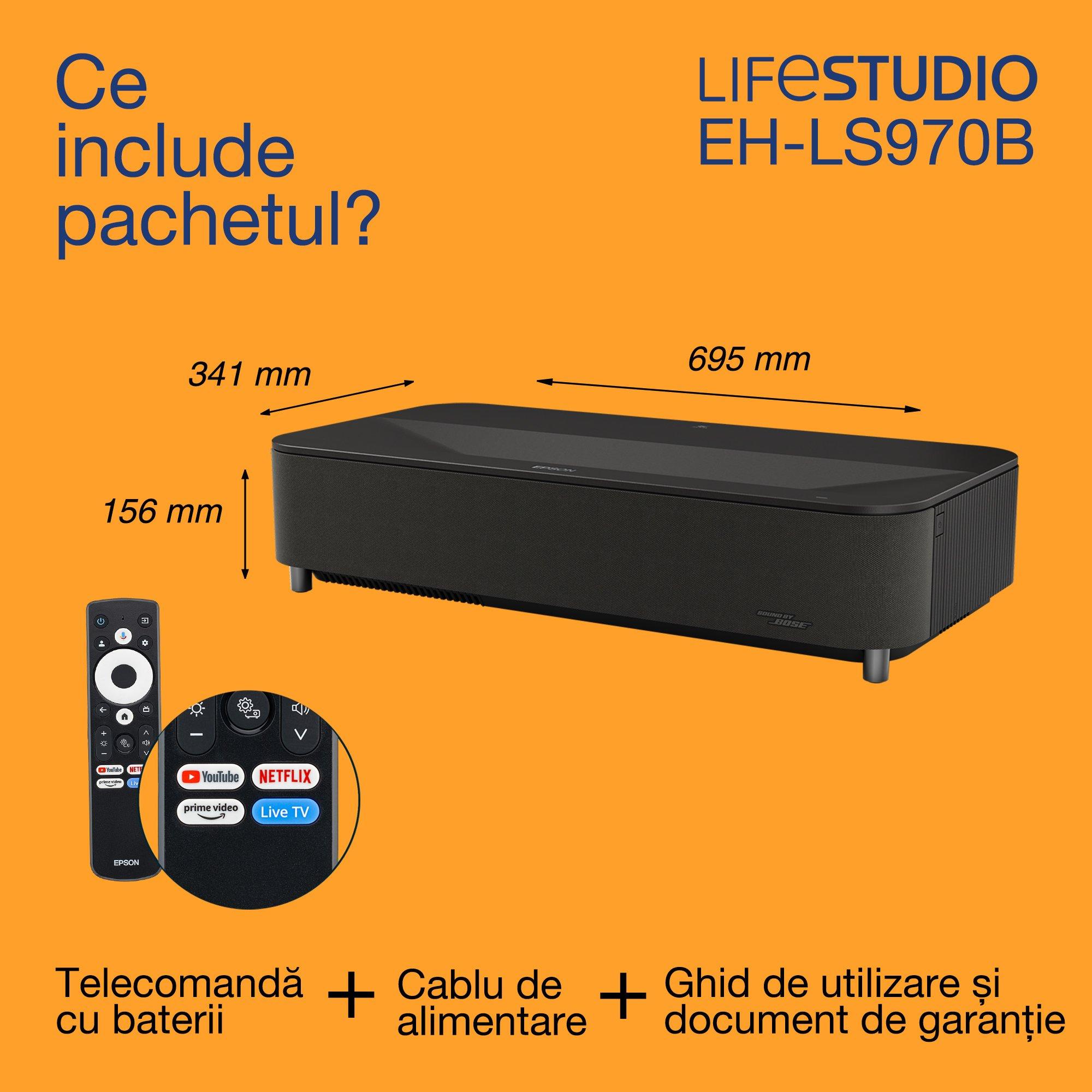 Epson Lifestudio Grand Plus EH-LS970B, proiector laser inteligent cu proiecție pe distanțe ultrascurte-TV, Home Cinema 4K, 4.000 de lumeni, Sound by Bose, Google TV, afișaj de 150", 5 ani garanție whats in the box