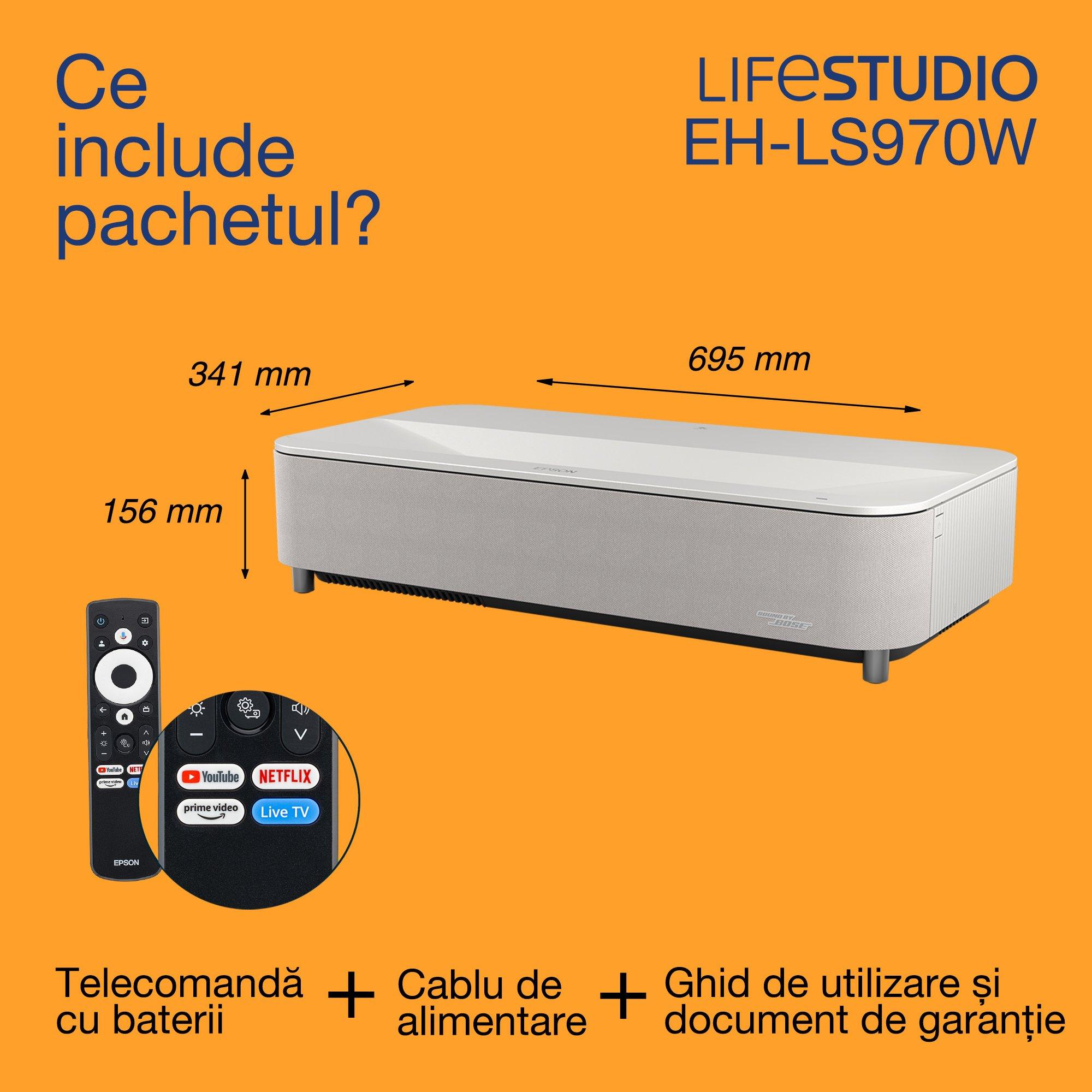 Epson Lifestudio Grand Plus EH-LS970W, proiector laser inteligent cu proiecție pe distanțe ultrascurte-TV, Home Cinema 4K, 4.000 de lumeni, Sound by Bose, Google TV, afișaj de 150", 5 ani garanție whats in the box