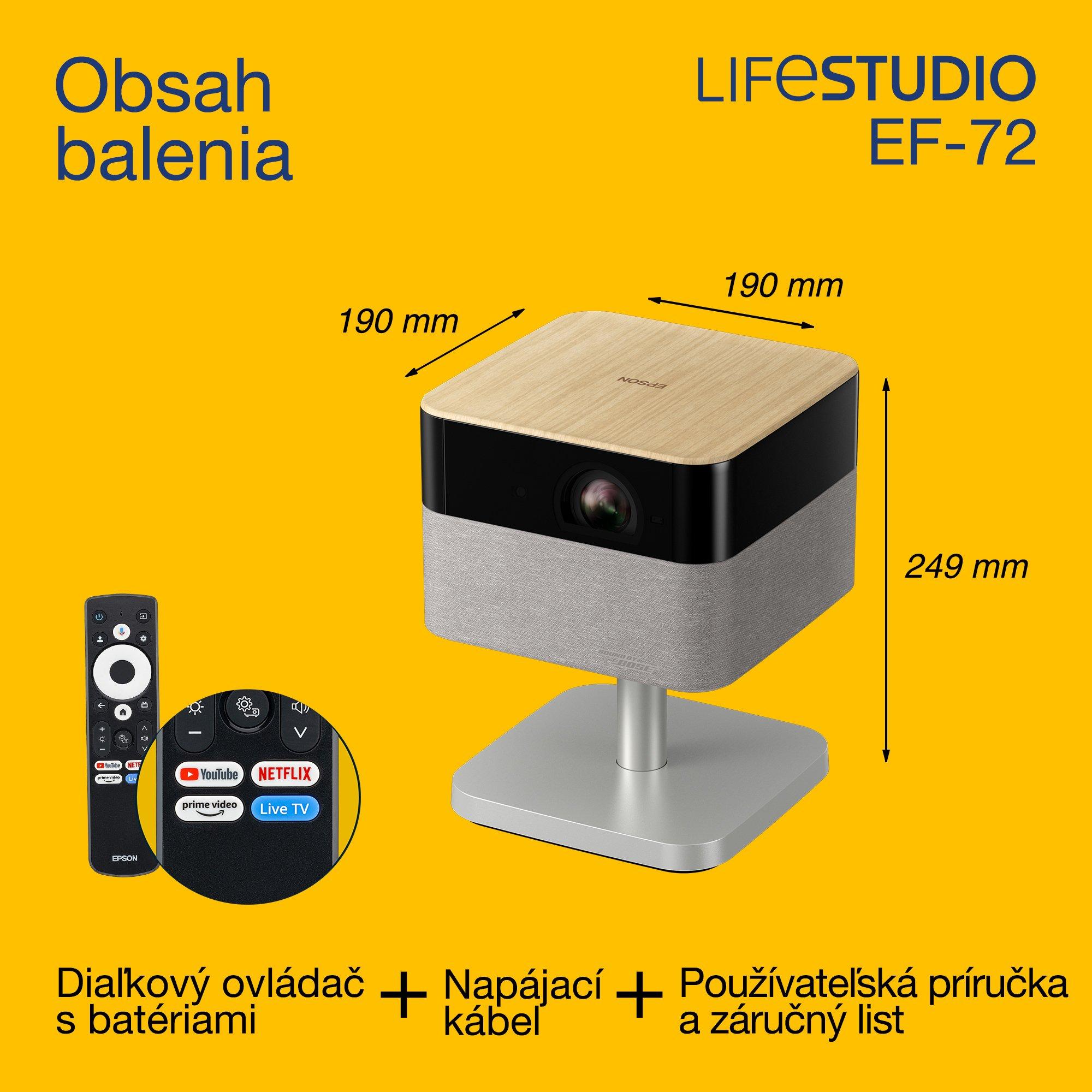 Epson Lifestudio Flex Plus EF-72, Smart TV projektor s rozlíšením 4K PRO-UHD, prenosný, 1000 lúmenov, Sound by Bose, Google TV, projekčná plocha s uhlopriečkou 150'' whats in the box