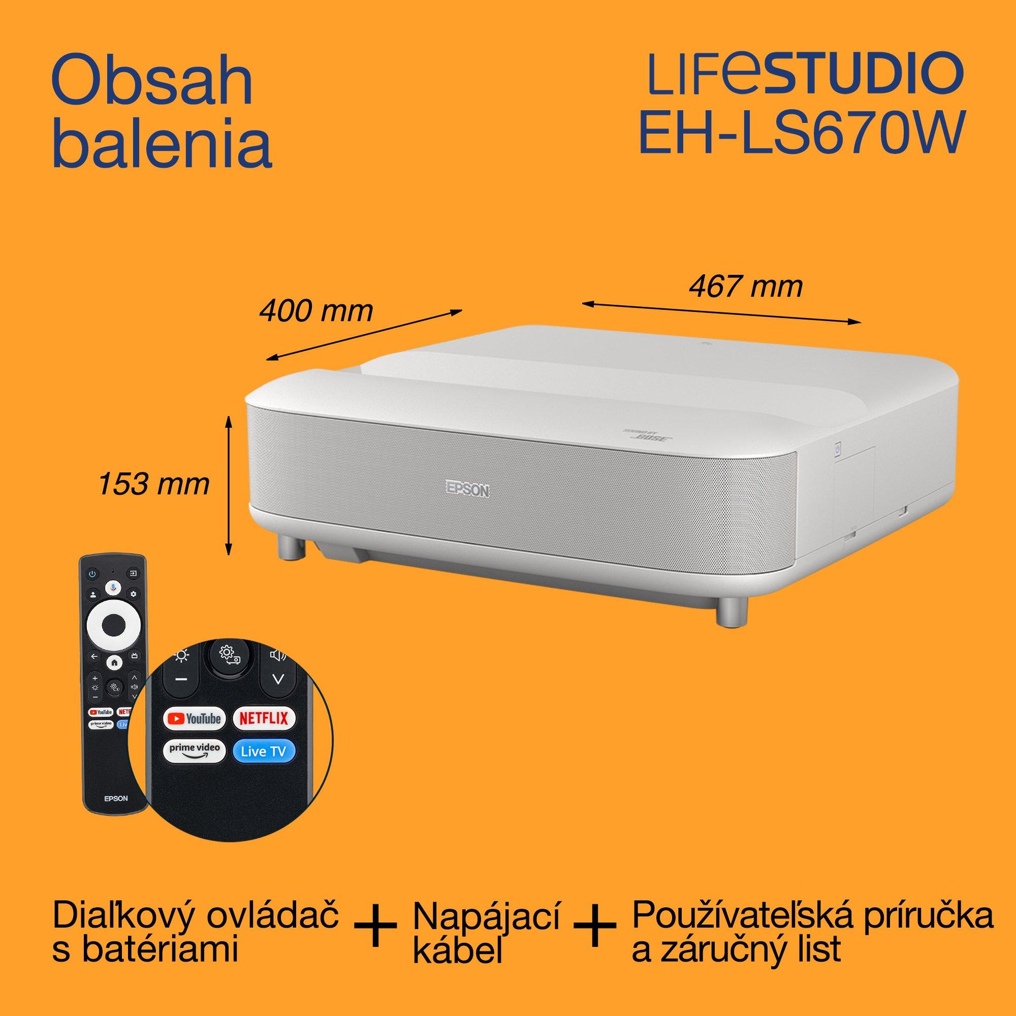 Epson Lifestudio Grand EH-LS670W, inteligentný laserový projektor/TV s veľmi krátkou projekčnou vzdialenosťou, 4K PRO-UHD, 3 600 lumenov, Sound by Bose, Google TV, veľkosť projekčnej plochy 120'', päťročná záruka whats in the box