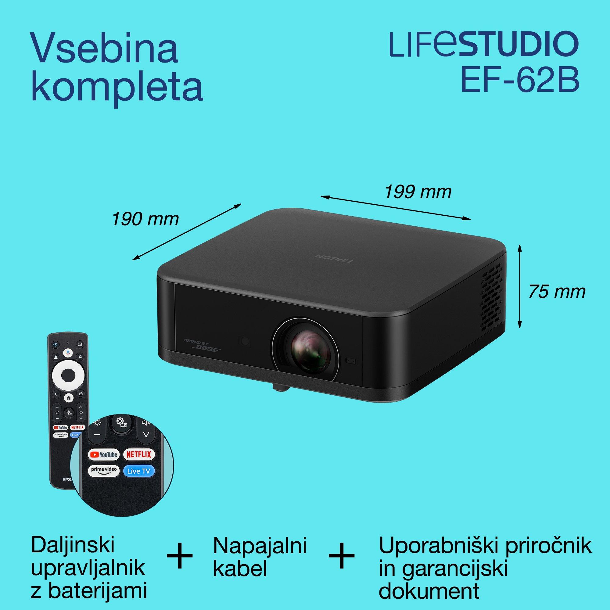 Epson Lifestudio Pop Plus EF-62B, projektor 4K PRO-UHD s pametno TV, prenosni, 700 lumnov, zvok Bose, Google TV, 150-palčni prikaz whats in the box