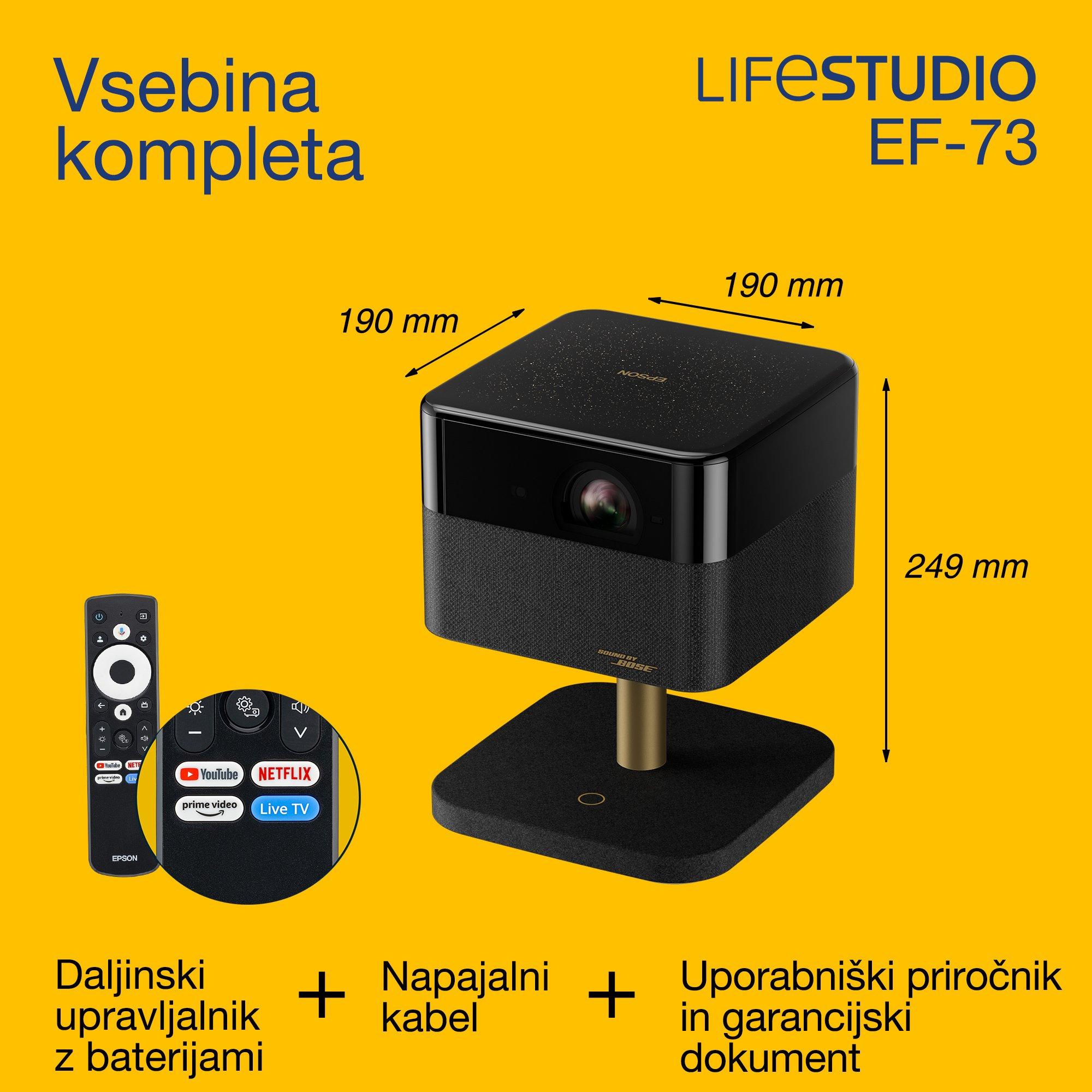 Epson Lifestudio Flex Plus EF-73, projektor 4K PRO-UHD s pametno TV, prenosni, 1000 lumnov, zvok Bose, Google TV, 150-palčni prikaz whats in the box