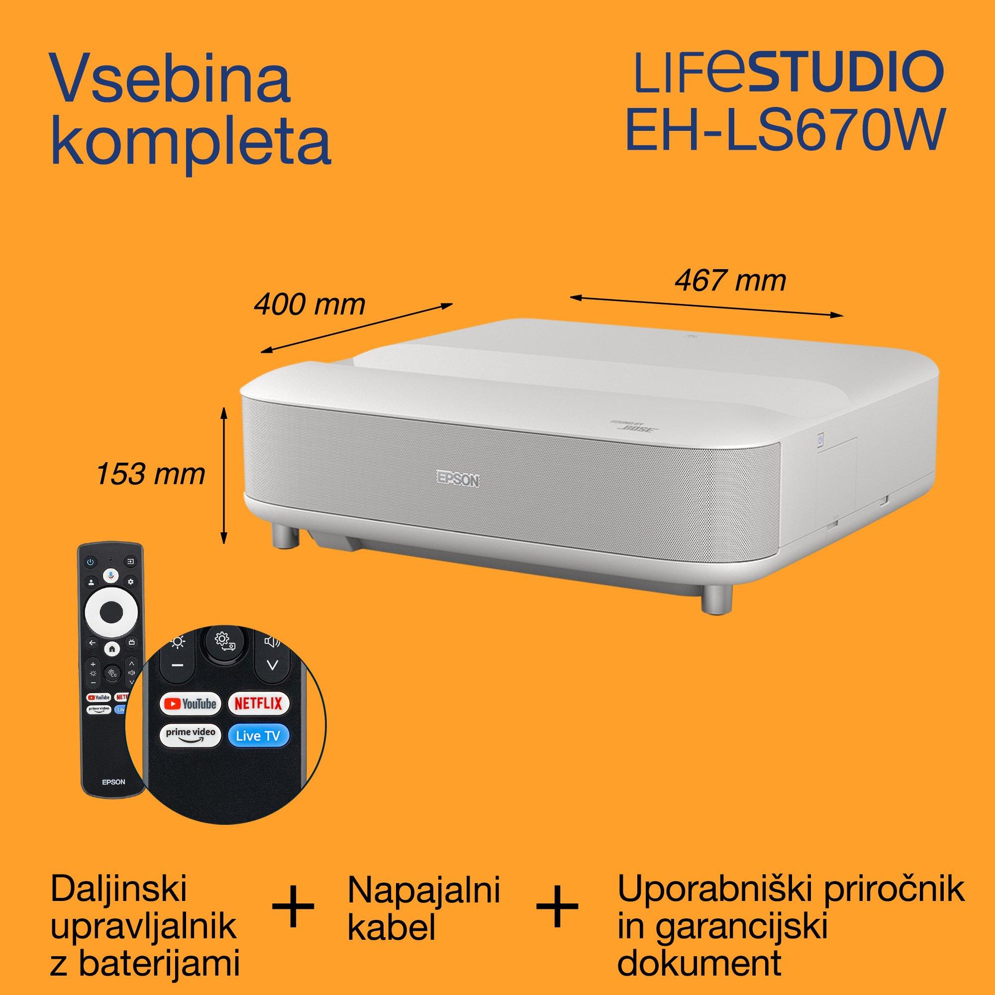 Epson Lifestudio Grand EH-LS670W, pametni laserski projektor/TV z ultra kratko projicirno razdaljo, 4K PRO-UHD, 3600 lumnov, zvok Bose, Google TV, 120-palčni prikaz, 5-letna garancija whats in the box