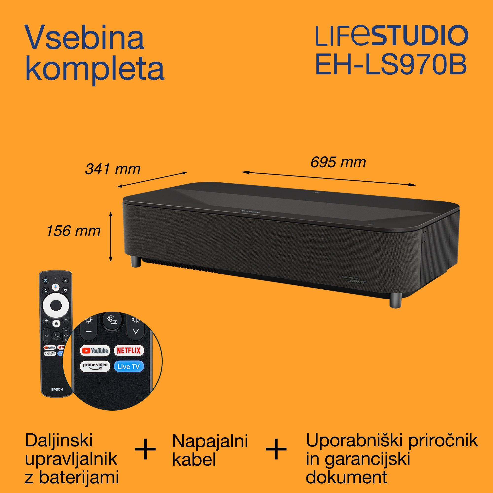 Epson Lifestudio Grand Plus EH-LS970B, pametni laserski projektor/televizor z ultra kratko projicirno razdaljo, domači kino 4K, 4000 lumnov, zvok Bose, Google TV, 150-palčni prikaz, 5-letna garancija whats in the box