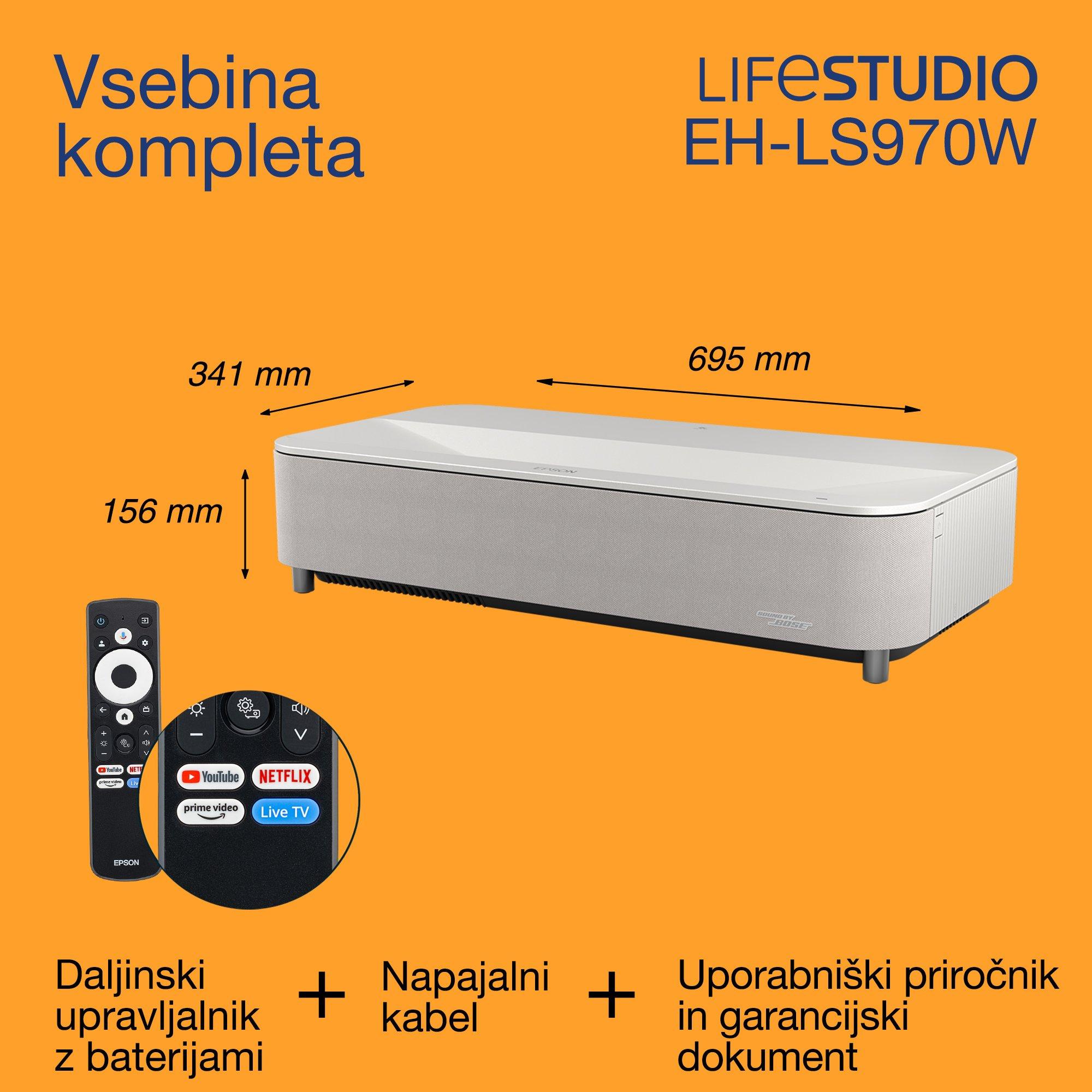 Epson Lifestudio Grand Plus EH-LS970W, pametni laserski projektor/televizor z ultra kratko projicirno razdaljo, domači kino 4K, 4000 lumnov, zvok Bose, Google TV, 150-palčni prikaz, 5-letna garancija whats in the box