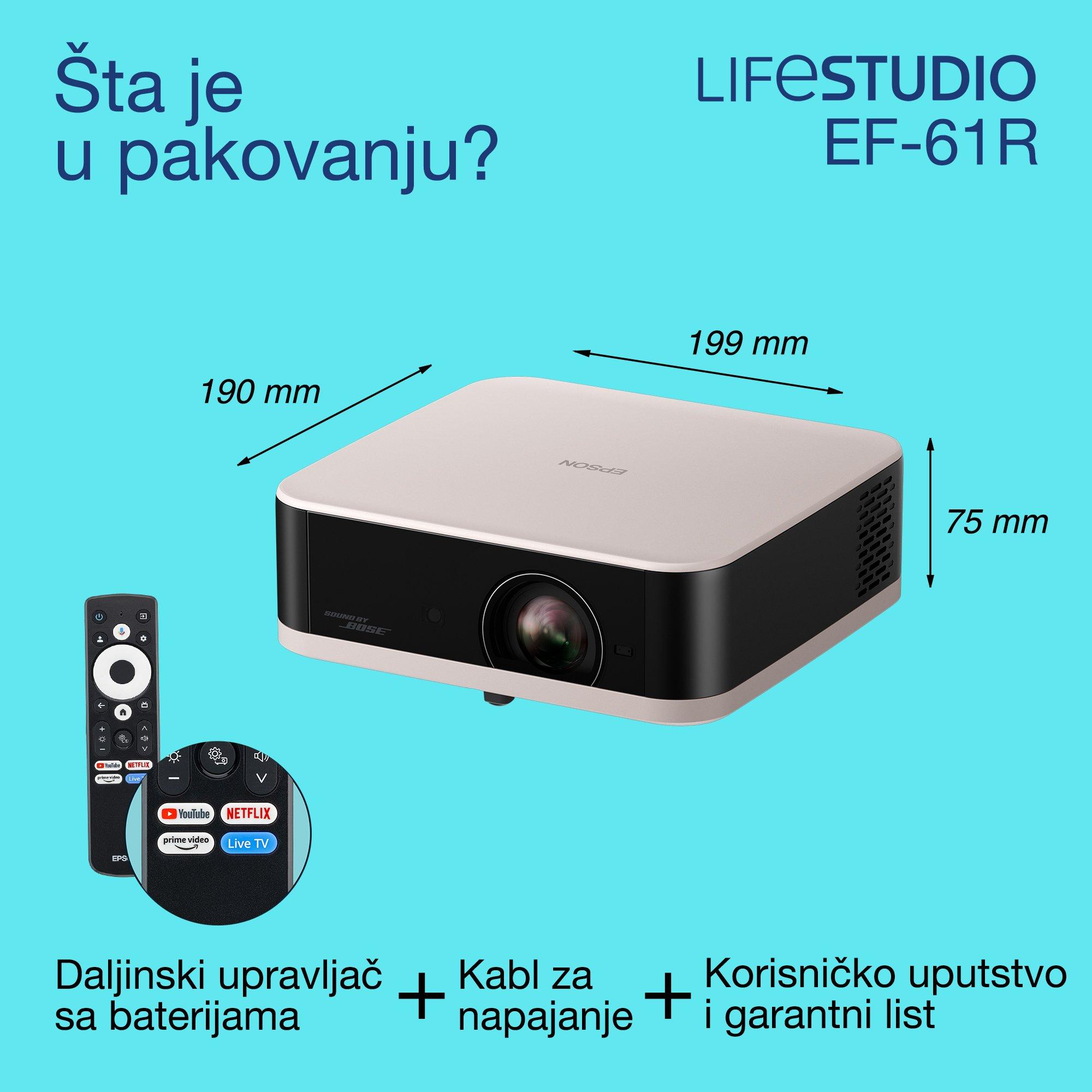 Epson Lifestudio Pop EF-61R, rezolucija Full HD 1080p Smart TV projektor, prenosivi, 700 lumena, Sound by Bose, Google TV, veličina projekcije 150 inča whats in the box