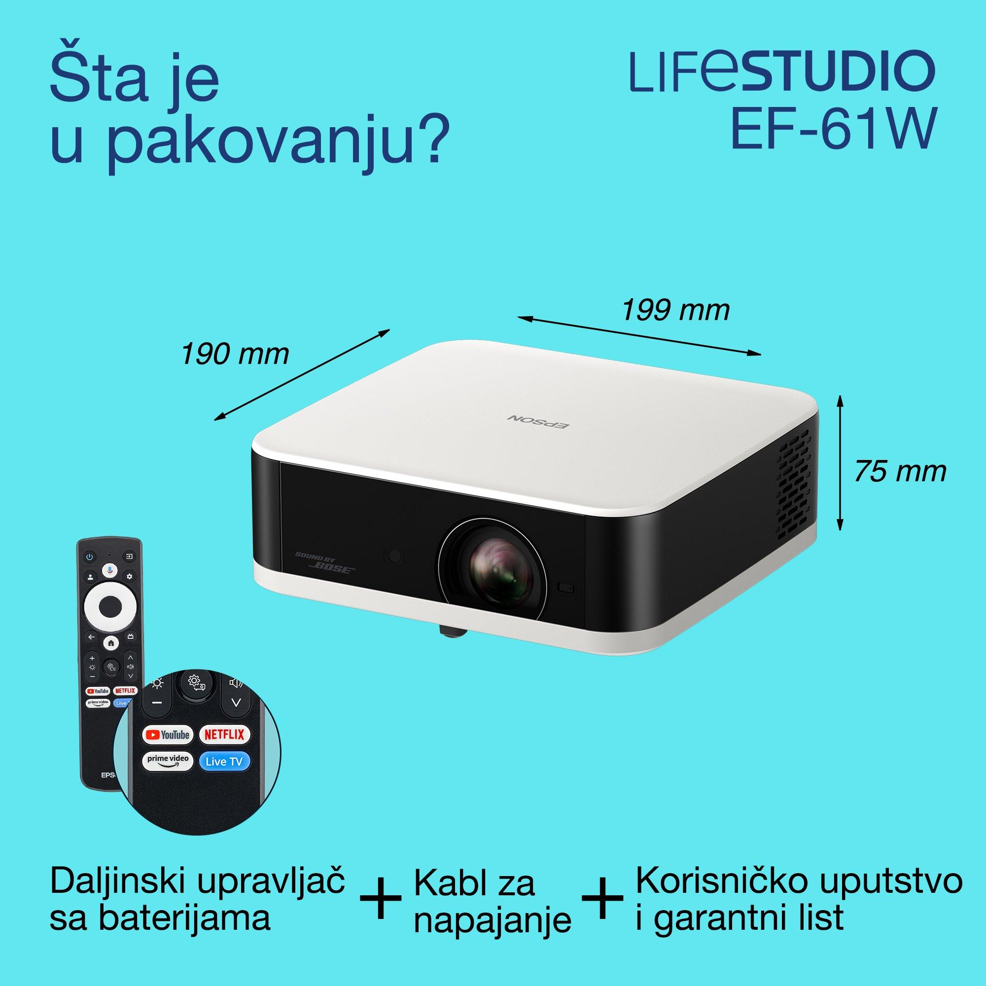 Epson Lifestudio Pop EF-61W, rezolucija Full HD 1080p Smart TV projektor, prenosivi, 700 lumena, Sound by Bose, Google TV, veličina projekcije 150 inča whats in the box