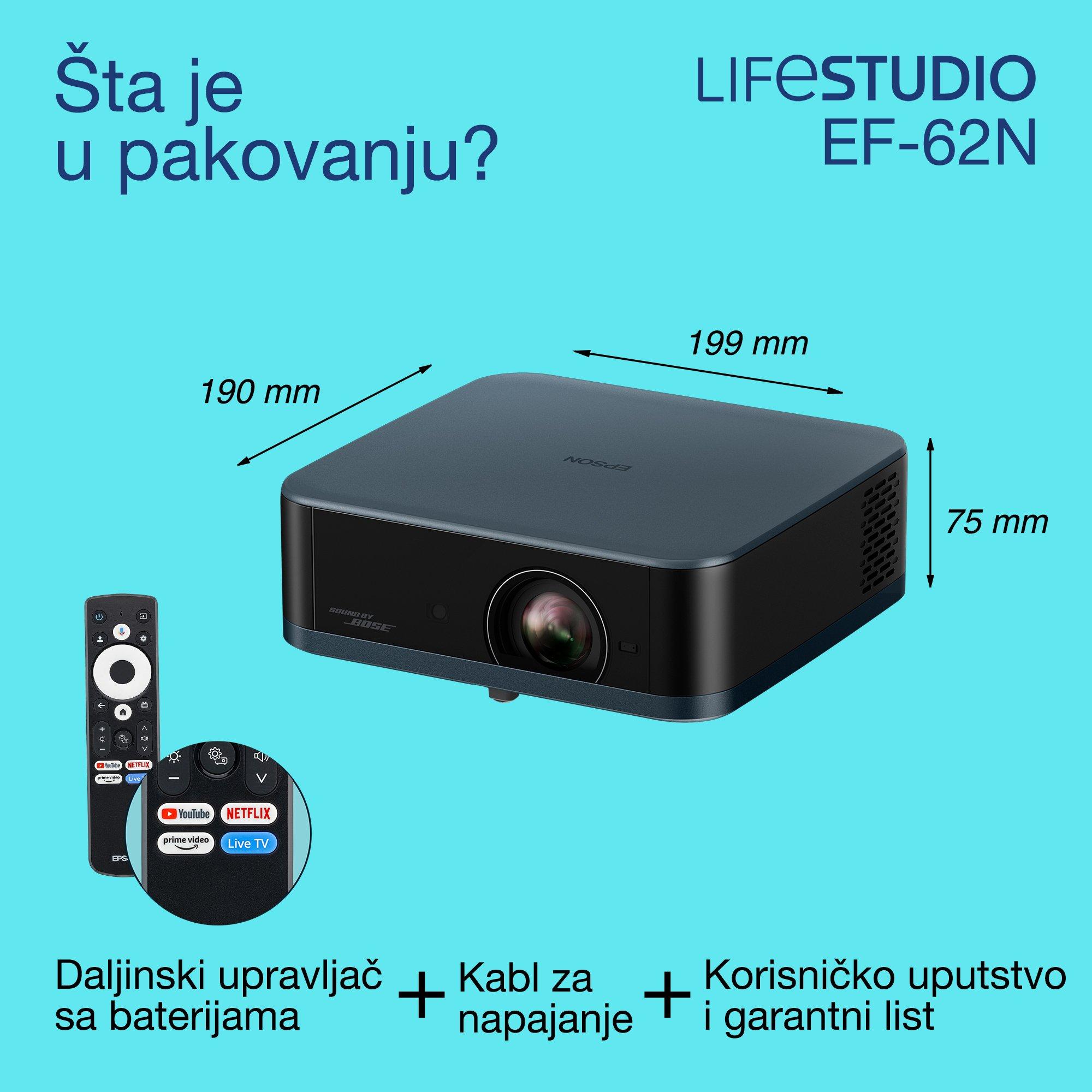 Epson Lifestudio Pop Plus EF-62N, rezolucija 4K PRO-UHD Smart TV projektor, prenosivi, 700 lumena, Sound by Bose, Google TV, veličina projekcije 150 inča whats in the box