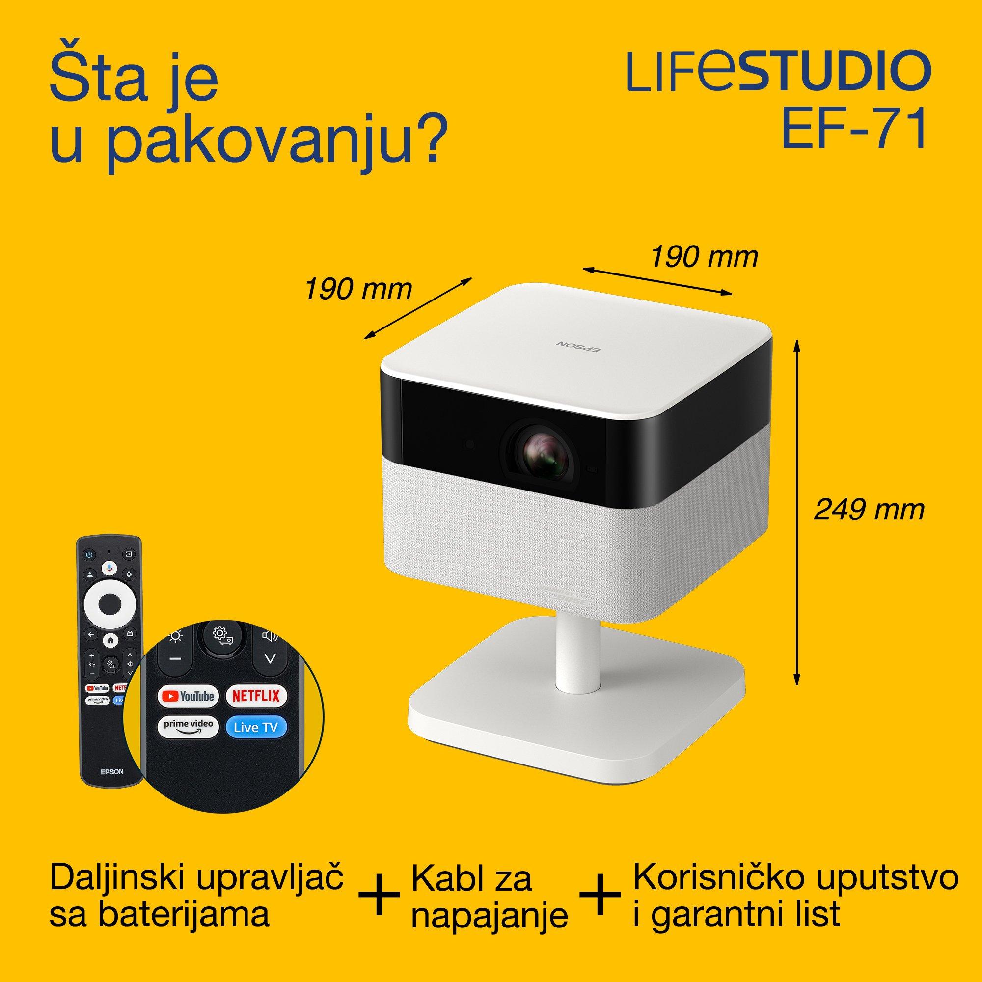Epson Lifestudio Flex EF-71, Full HD 1080p Smart TV projektor, prenosivi, 700 lumena, Sound by Bose, Google TV, veličina projekcije 150 inča whats in the box