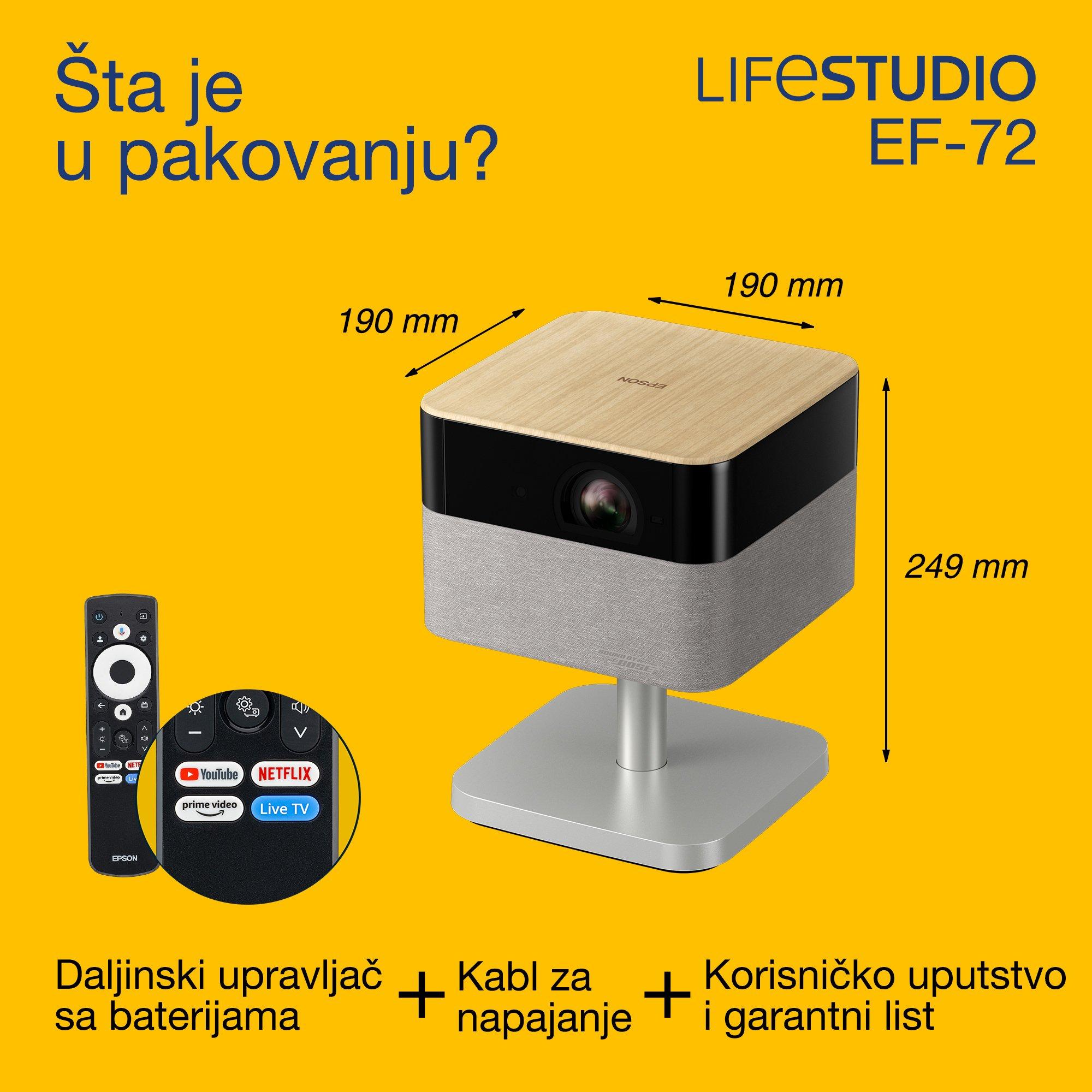 Epson Lifestudio Flex Plus EF-72, 4K PRO-UHD Smart TV projektor, prenosivi, 1.000 lumena, Sound by Bose, Google TV, veličina projekcije 150 inča whats in the box