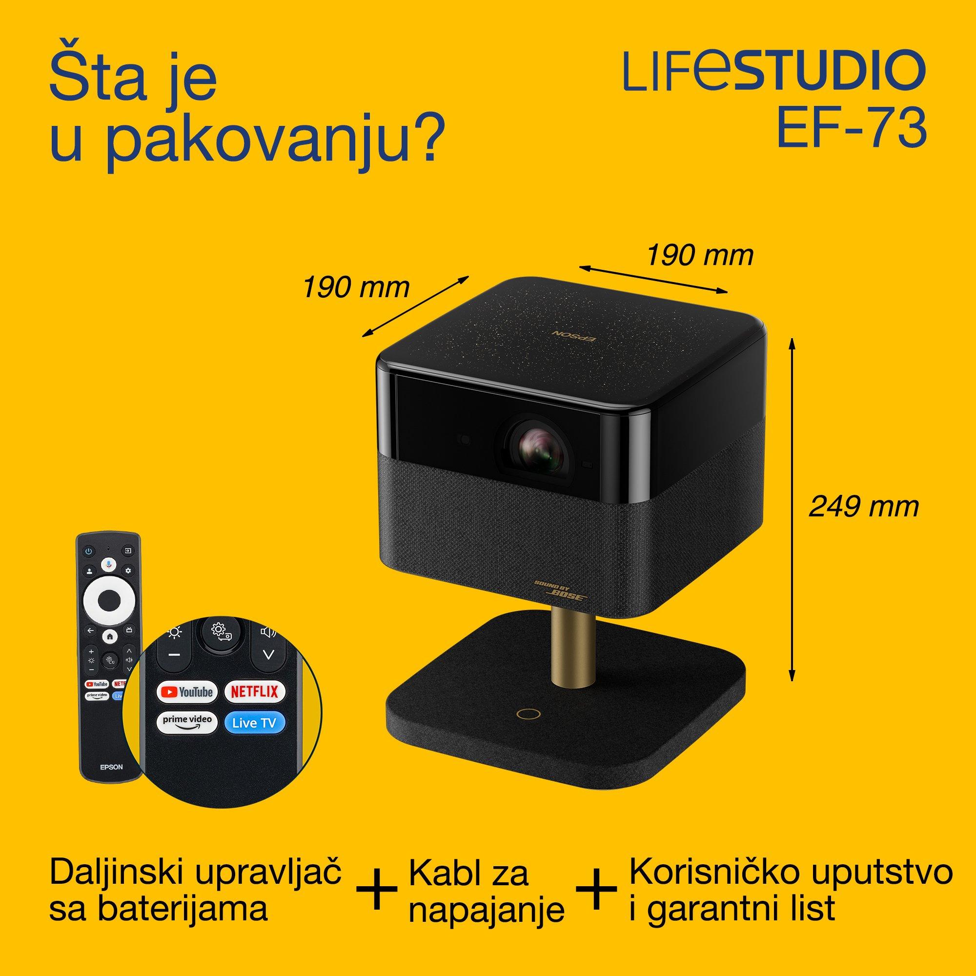 Epson Lifestudio Flex Plus EF-73, 4K PRO-UHD Smart TV projektor, prenosivi, 1.000 lumena, Sound by Bose, Google TV, veličina projekcije 150 inča whats in the box