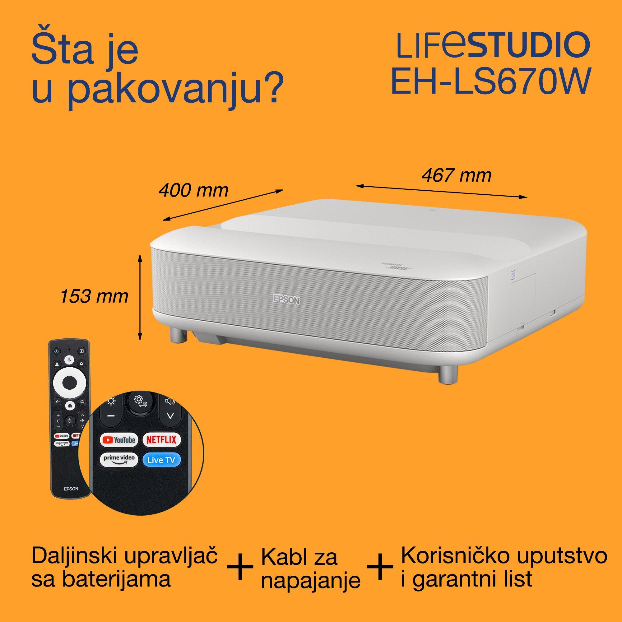 Epson Lifestudio Grand EH-LS670W, Smart laserski projektor sa izuzetno kratkom projekcionom razdaljinom, 4K PRO-UHD, 3.600 lumena, Sound by Bose, Google TV, ekran od 120 inča, 5 godina garancije whats in the box