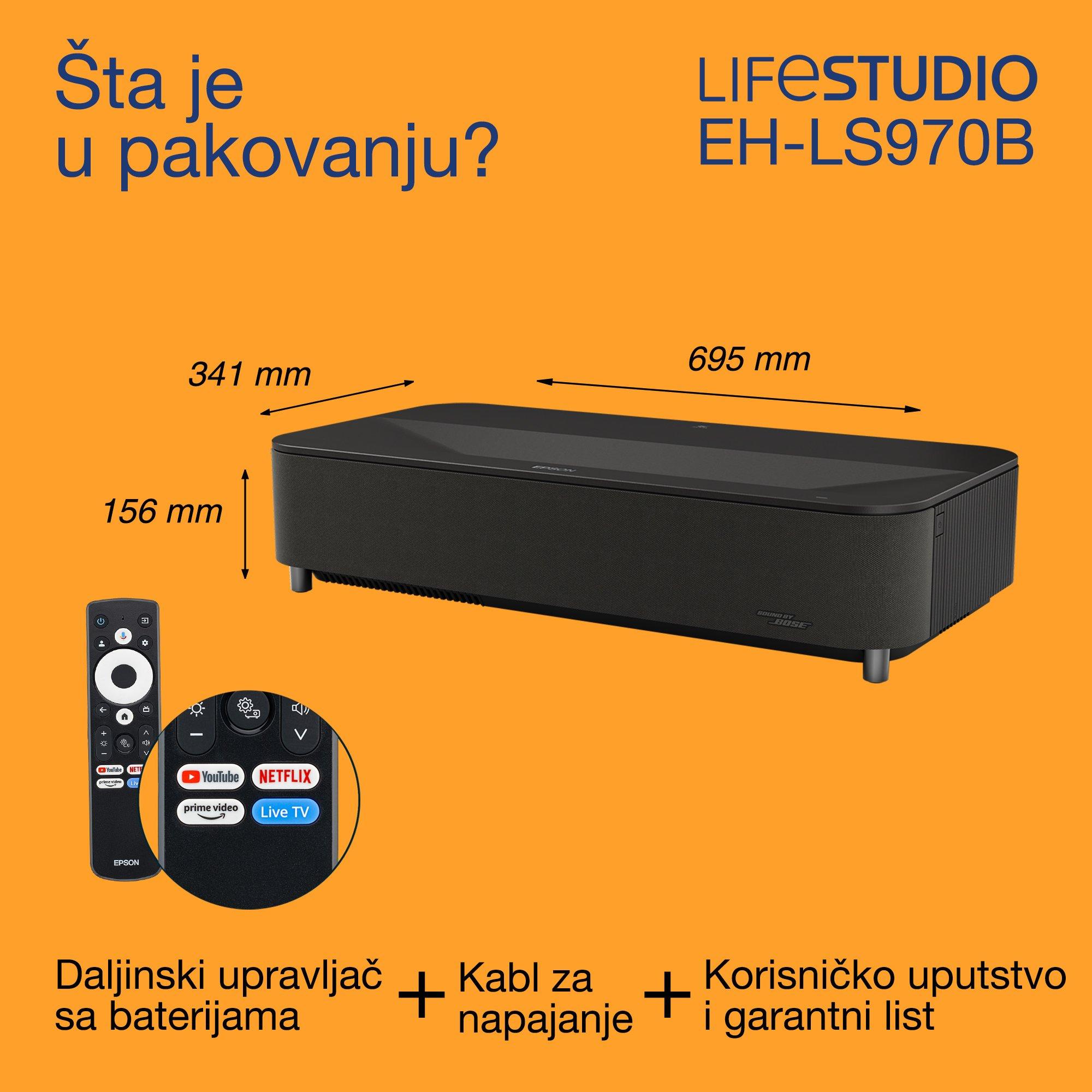 Epson Lifestudio Grand Plus EH-LS970B, pametni laserski projektor, izuzetno kratke projekcione razdaljine, sa rezolucijom od 4K za kućni bioskop, 4.000 lumena, Sound by Bose, Google TV, veličina projekcije 150 inča, 5 godina garancije whats in the box