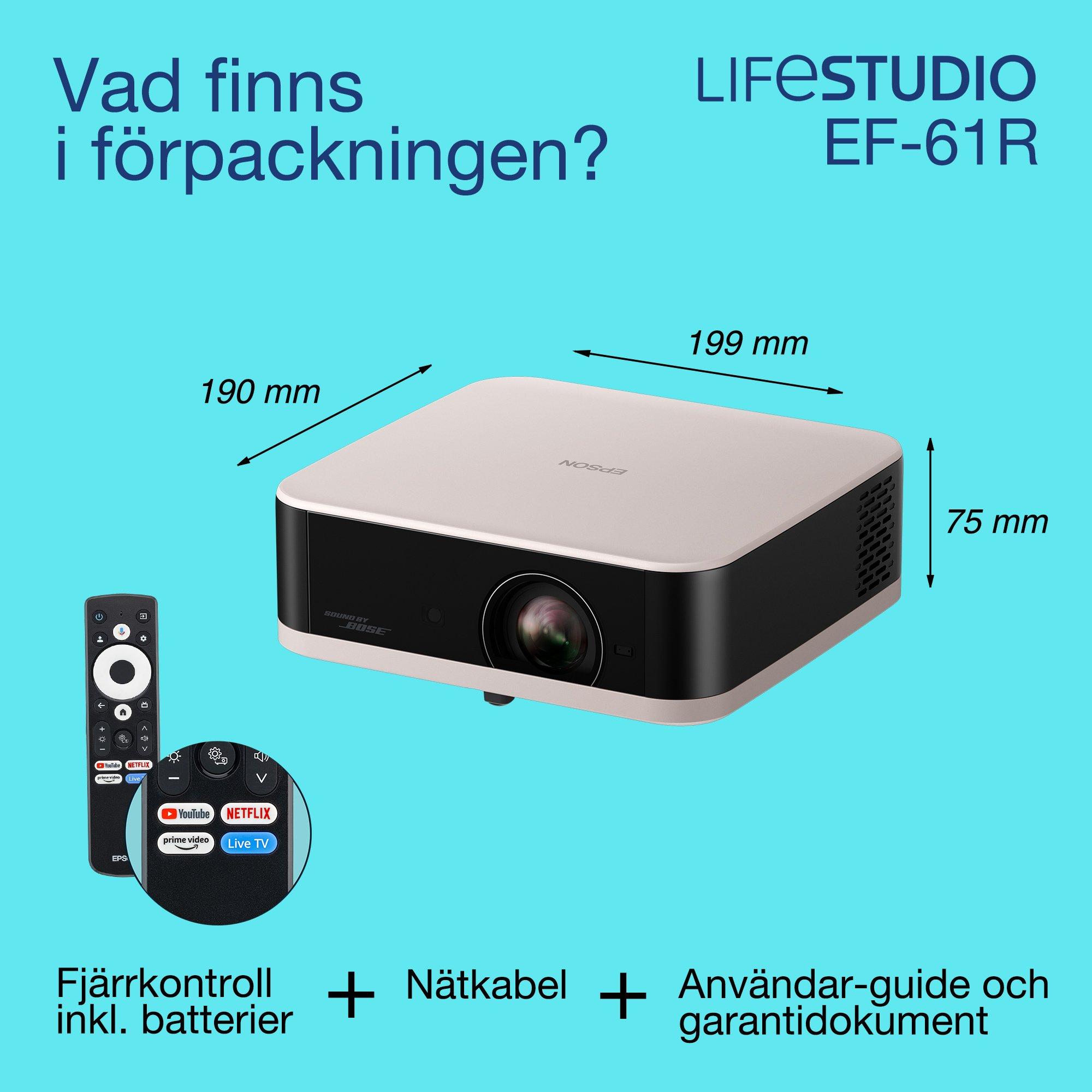 Epson Lifestudio Pop EF-61R, Smart TV-projektor med Full HD 1080p, bärbar, 700 lumen, Sound by Bose, Google TV, 150-tums projektionsyta whats in the box