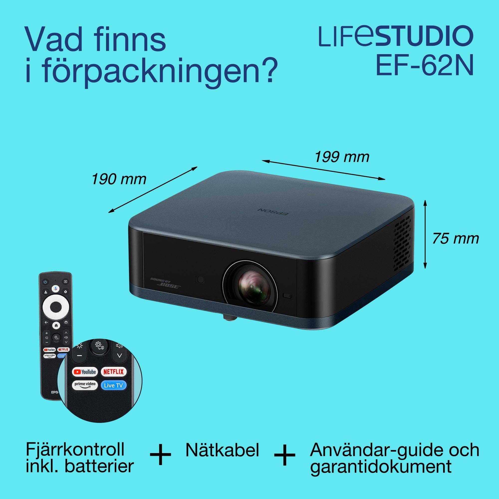 Epson Lifestudio Pop Plus EF-62N, Smart TV-projektor med 4K PRO-UHD, bärbar, 700 lumen, Sound by Bose, Google TV, 150-tums projektionsyta whats in the box