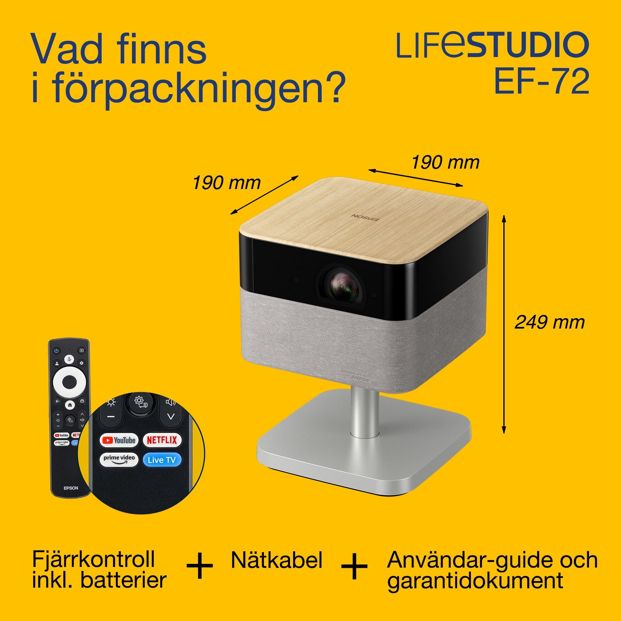 Epson Lifestudio Flex Plus EF-72, Smart TV-projektor med 4K PRO-UHD, bärbar, 1 000 lumen, Sound by Bose, Google TV, 150-tums projektionsyta whats in the box