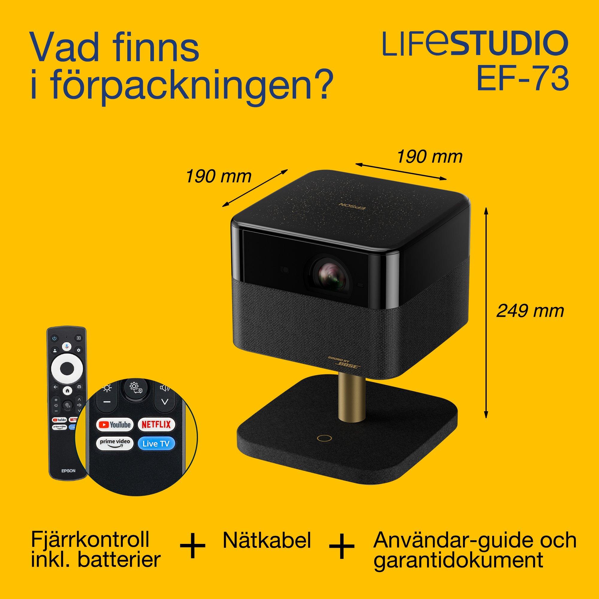 Epson Lifestudio Flex Plus EF-73, Smart TV-projektor med 4K PRO-UHD, bärbar, 1 000 lumen, Sound by Bose, Google TV, 150-tums projektionsyta whats in the box