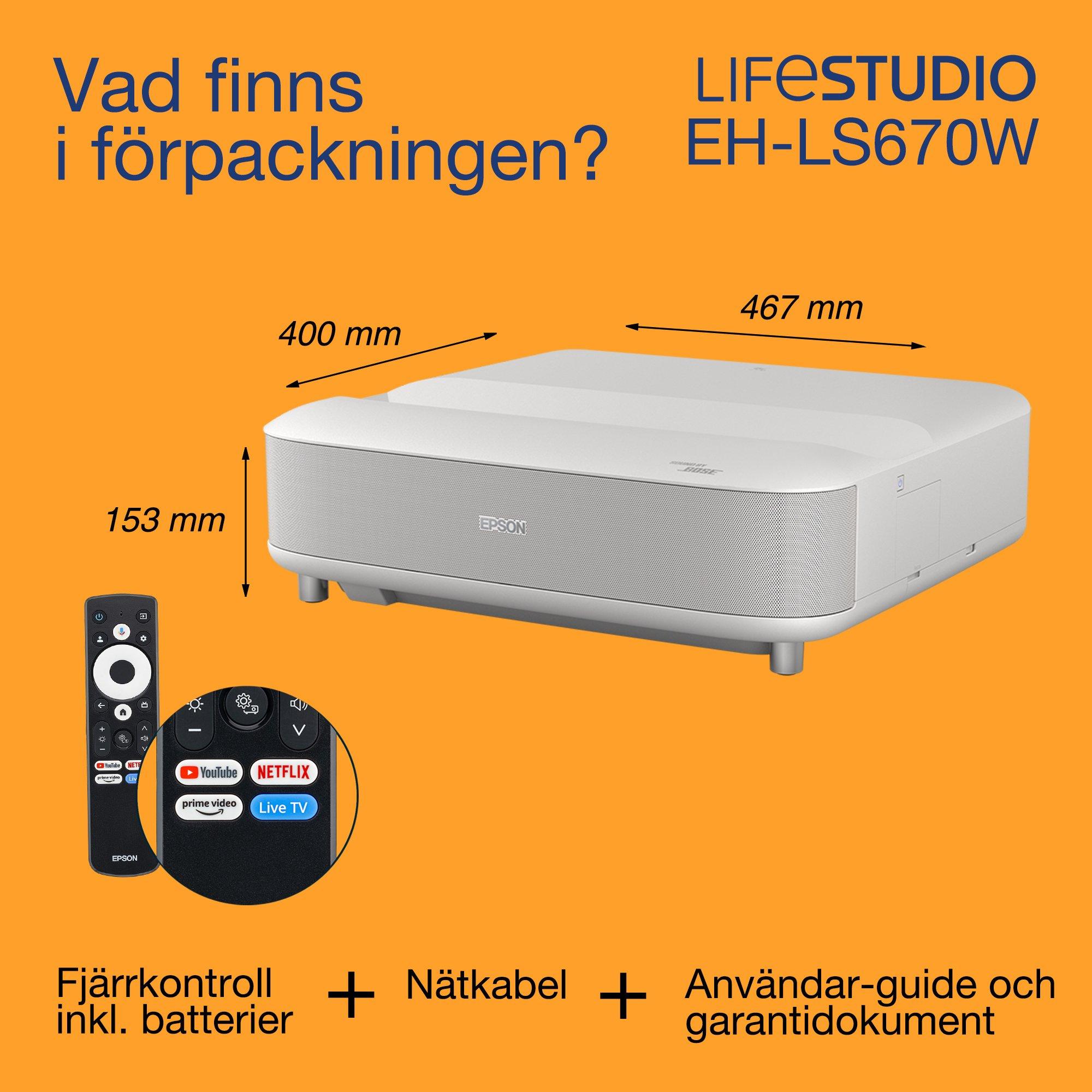 Epson Lifestudio Grand EH-LS670W, smart laserprojektor-TV med ultrakort projiceringsavstånd, 4K PRO-UHD, 3 600 lumen, Sound by Bose, Google TV, 120-tums projektionsyta, 5 års garanti whats in the box