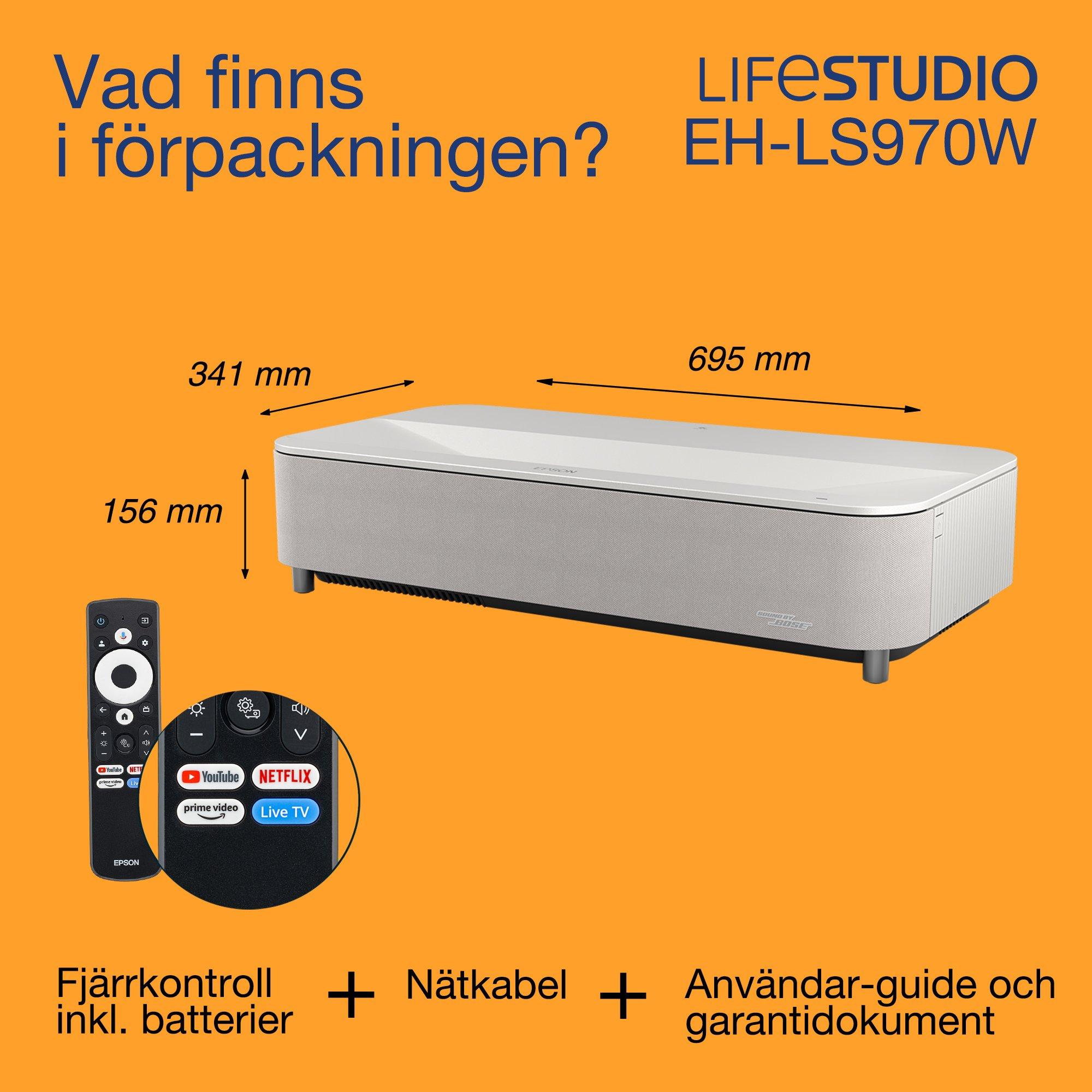 Epson Lifestudio Grand Plus EH-LS970W, smart laserprojektor-TV med ultrakort projiceringsavstånd, 4K-hemmabio, 4 000 lumen, Sound by Bose, Google TV, 150-tums projektionsyta, 5 års garanti whats in the box