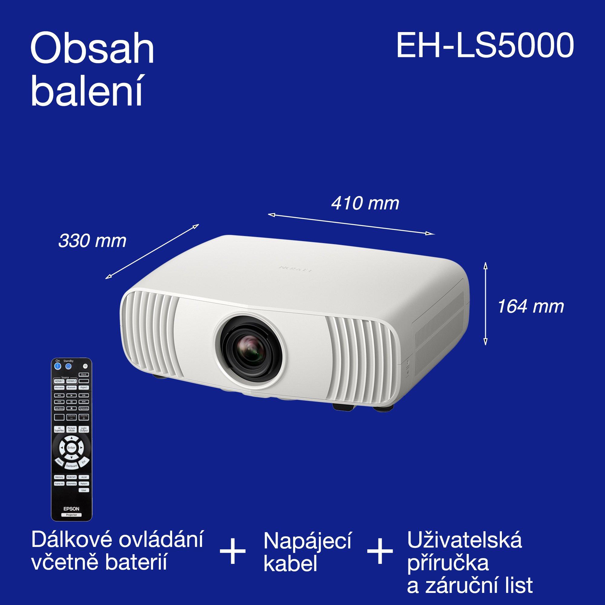 Epson EH-LS5000, cenově dostupný 4K laserový projektor pro domácí kino, AI zpracování obrazu, připraven na Matter, 2 500 lumenů, obraz 500", 5letá záruka whats in the box