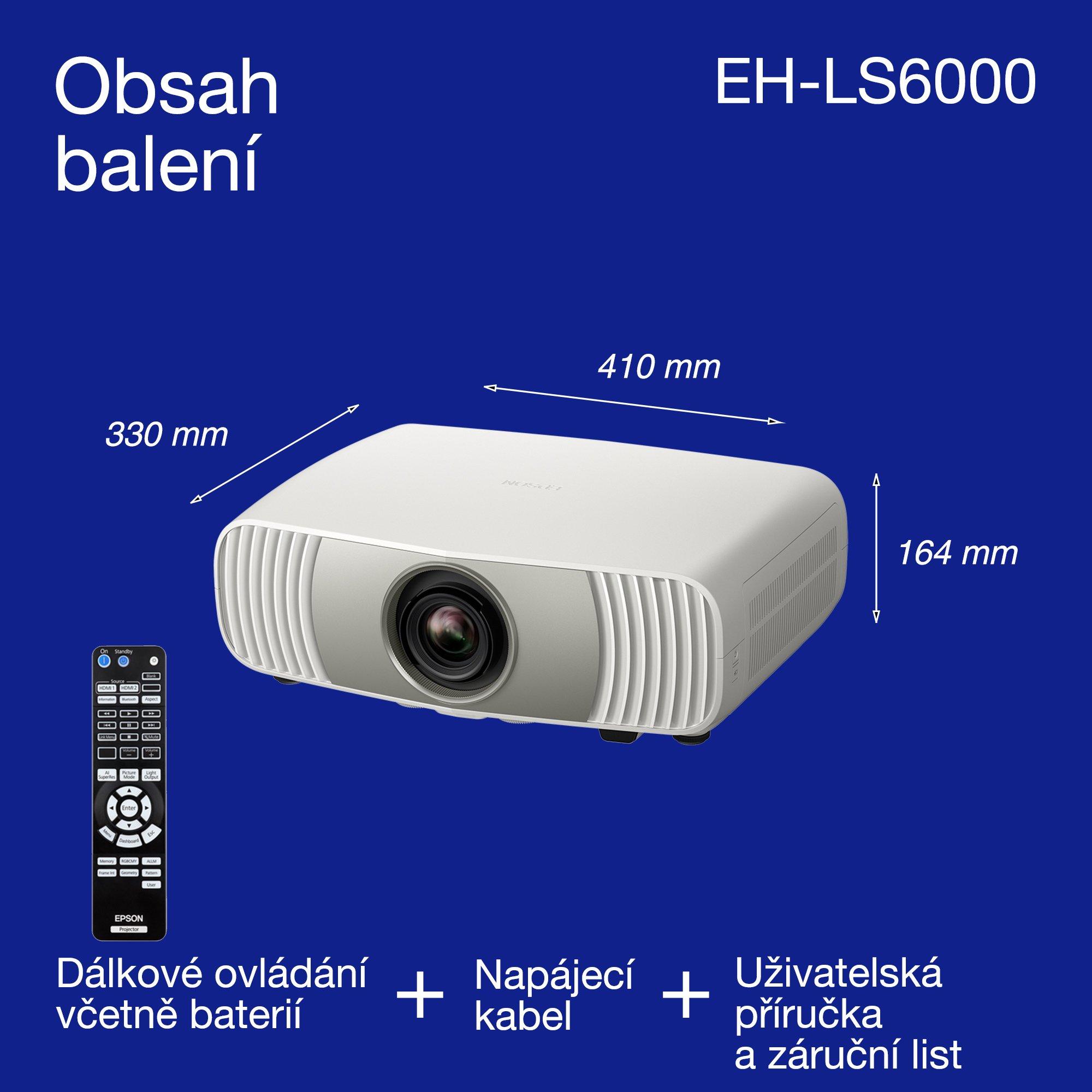 Epson EH-LS6000, cenově dostupný 4K laserový projektor pro domácí kino, AI zpracování obrazu, kompatibilní s Matter, 3400 lumenů, obraz až 500", 5letá záruka whats in the box