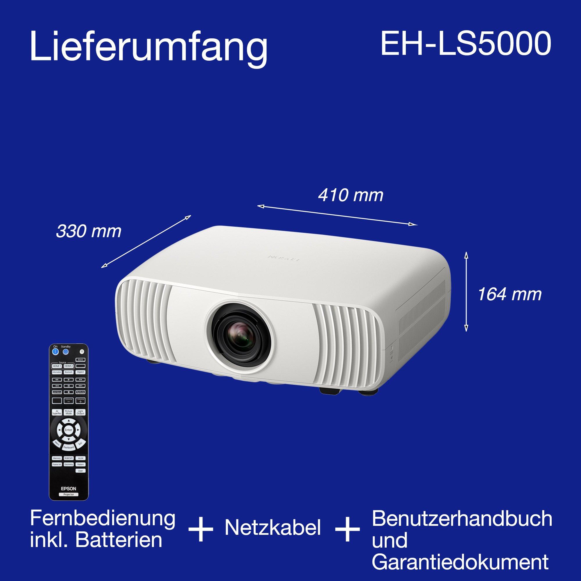 Epson EH-LS5000, erschwinglicher 4K Laser-Heimkino-Projektor, KI-Bildverarbeitung, Matter-fähig, 2.500 Lumen, 5 Jahren Geräteschutz, 500"-Display whats in the box