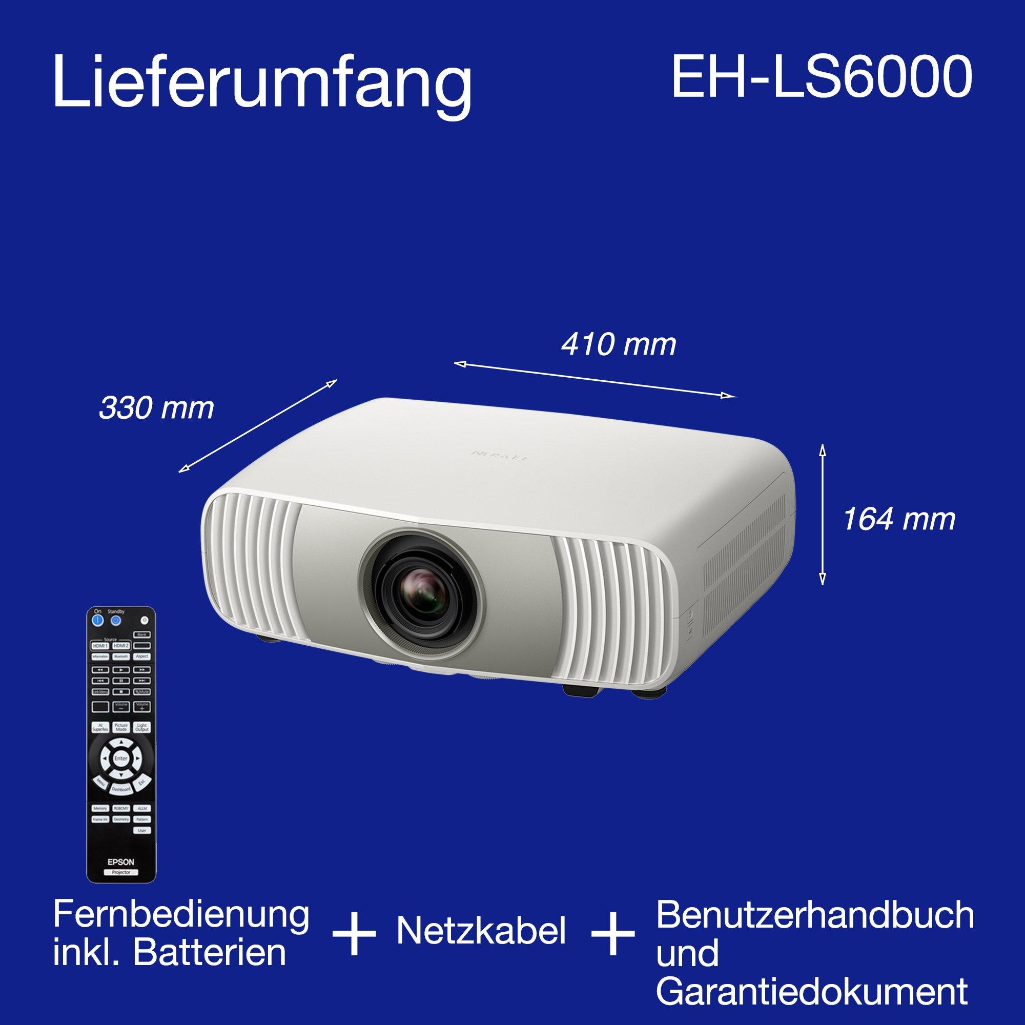 Epson EH-LS6000, Preisgünstiger 4K-Laser-Heimkino-Projektor, KI-Bildverarbeitung, Matter-kompatibel, 3.400 Lumen, bis zu 500 Zoll Bildgröße, 5 Jahre Garantie whats in the box