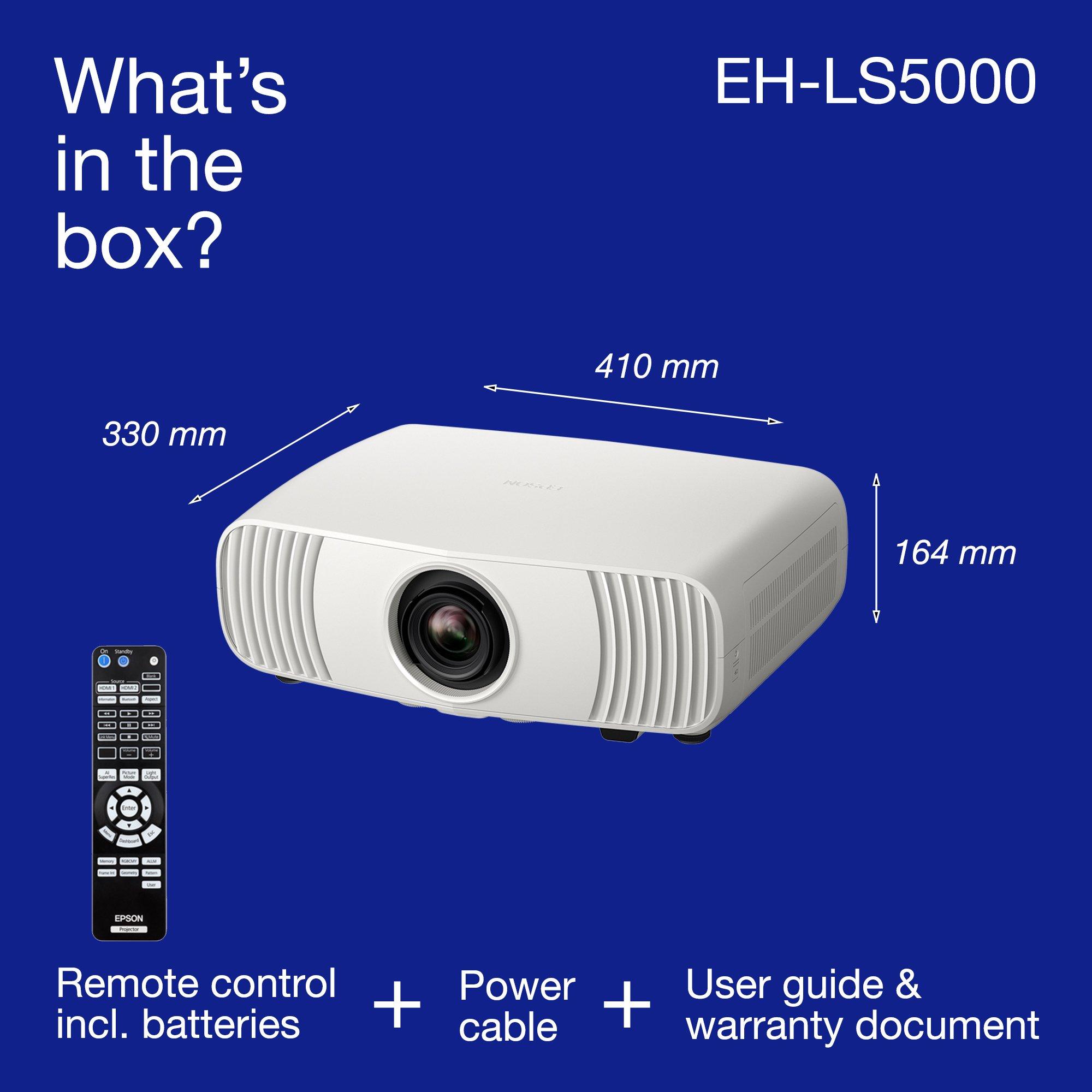 Epson EH-LS5000, Affordable 4K Laser Home Cinema Projector, AI imaging, Matter-support, 2,500 Lumens, 500" display, 5-year warranty whats in the box
