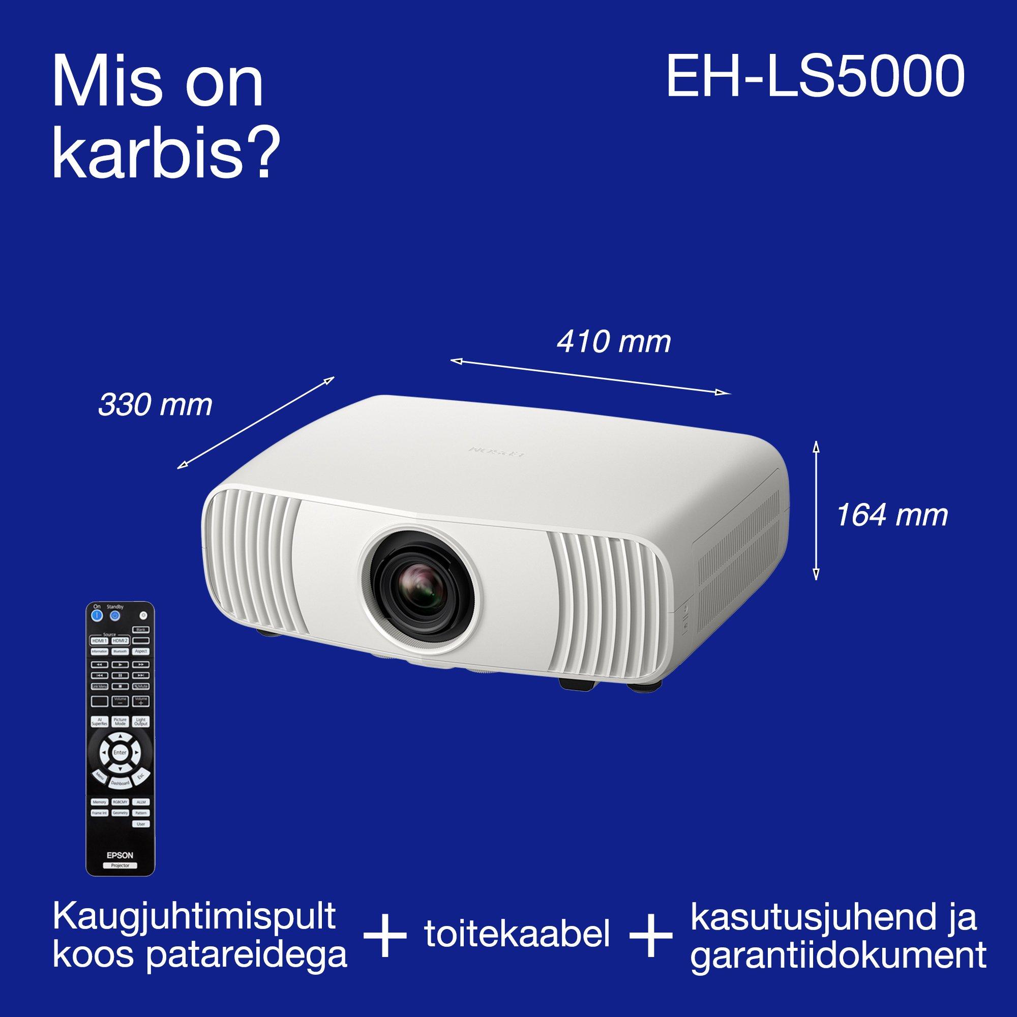 Epson EH-LS5000, taskukohane 4K laser-kodukinoprojektor, AI-pilditehnoloogia, Matter-valmidus, 2500 luumenit, 500-tolline ekraan, 5-aastane garantii whats in the box