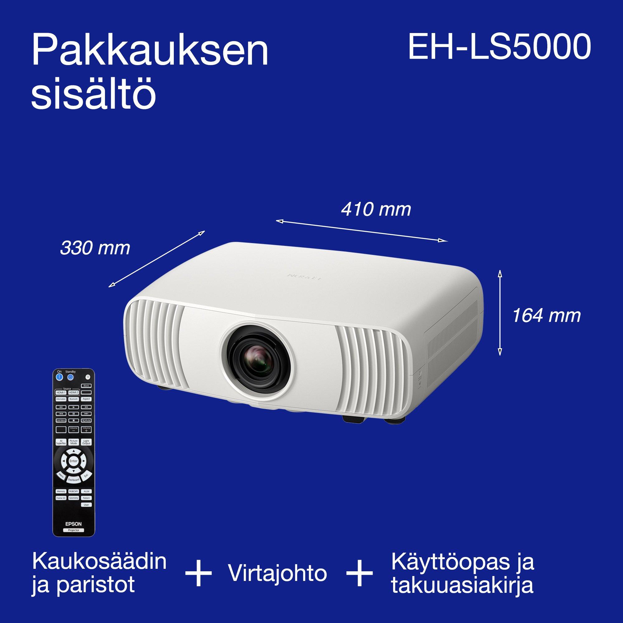 Epson EH-LS5000, edullinen 4K-laser-kotiteatteriprojektori, AI-kuvantaminen, Matter-valmius, 2 500 lumenia, 500 tuuman näyttö, 5 vuoden takuu whats in the box