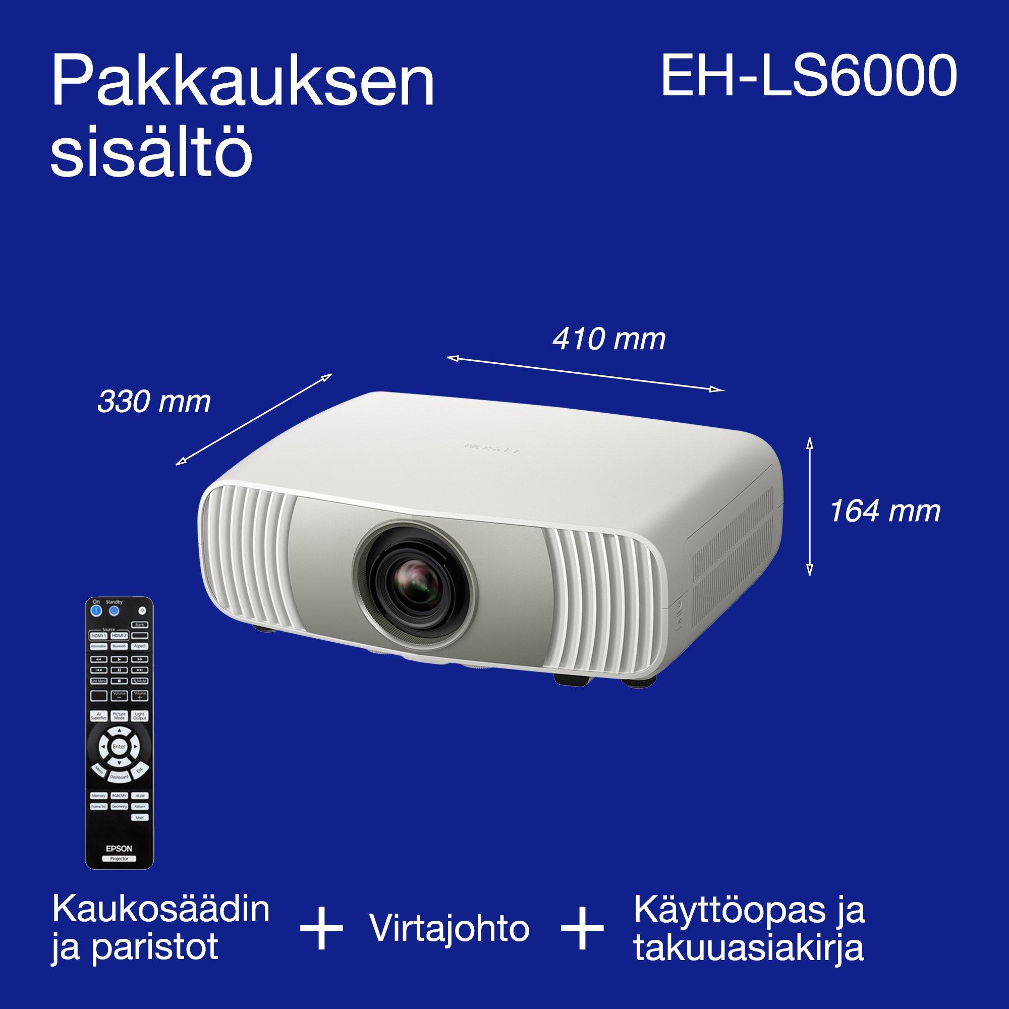Epson EH-LS6000, edullinen 4K-laserkotiteatteriprojektori, tekoälykuvankäsittely, Matter-yhteensopiva, 3400 lumenia, jopa 500 tuuman kuva, 5 vuoden takuu whats in the box
