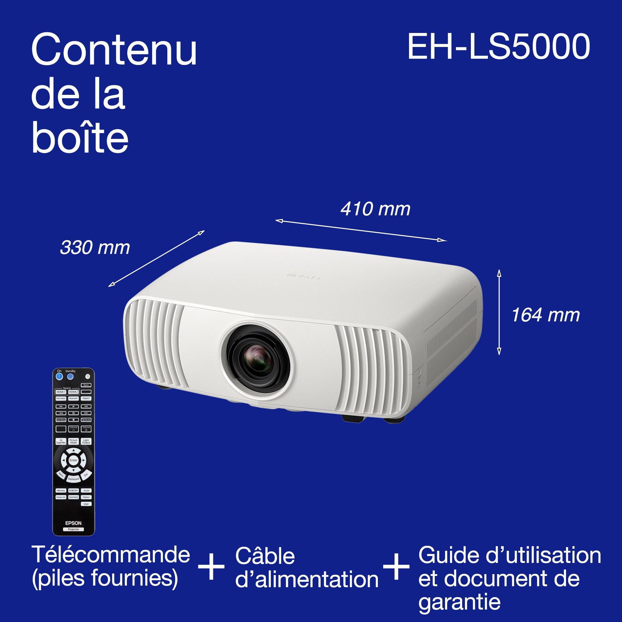 Epson EH-LS5000, vidéoprojecteur laser Home Cinéma 4K abordable, traitement d’image par IA, compatible Matter, 2 500 lumens, affichage jusqu’à 500 pouces, garantie de 5 ans whats in the box
