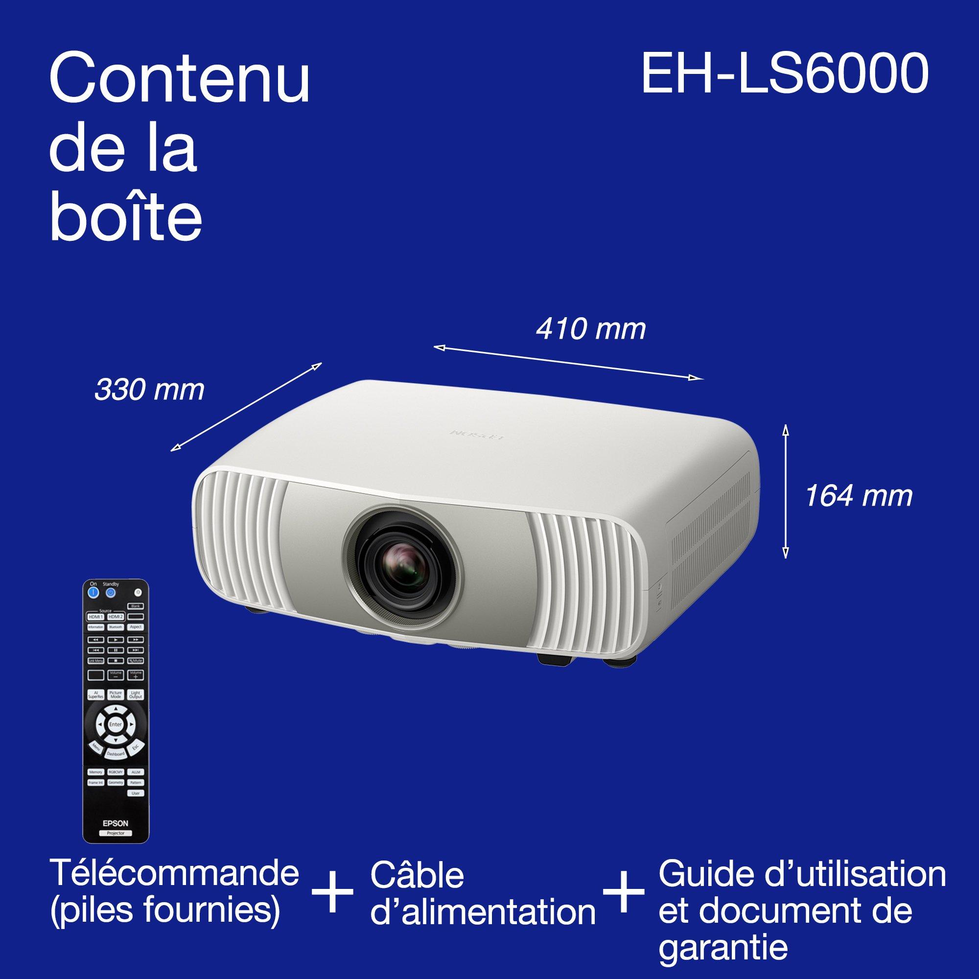 Epson EH-LS6000, vidéoprojecteur laser 4K Home Cinéma abordable, traitement d’image IA, compatible Matter, 3 400 lumens, image jusqu’à 500 pouces, garantie 5 ans whats in the box