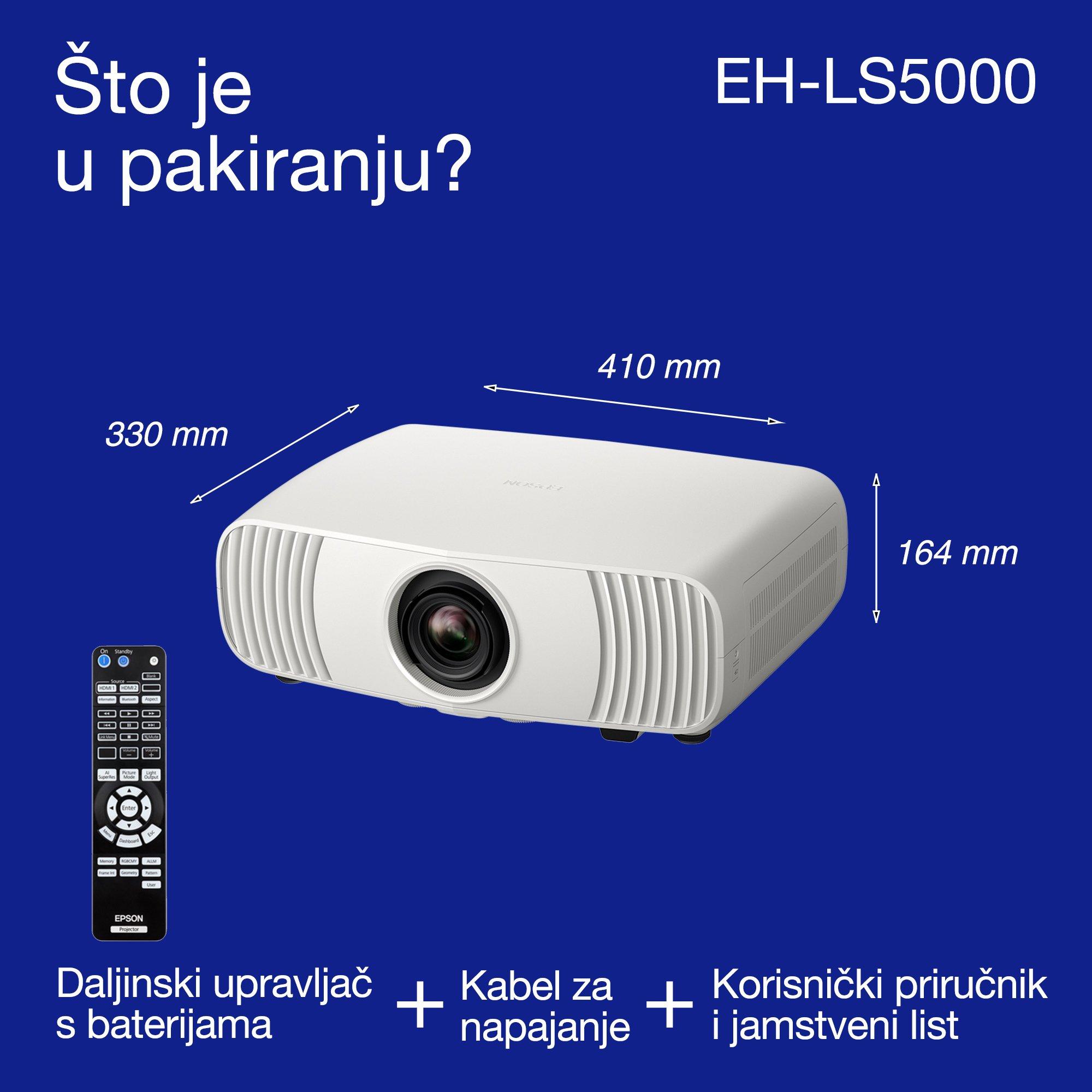 Epson EH-LS5000, Affordable 4K Laser Home Cinema Projector, AI imaging, Matter-support, 2,500 Lumens, 500" display, 5-year warranty whats in the box