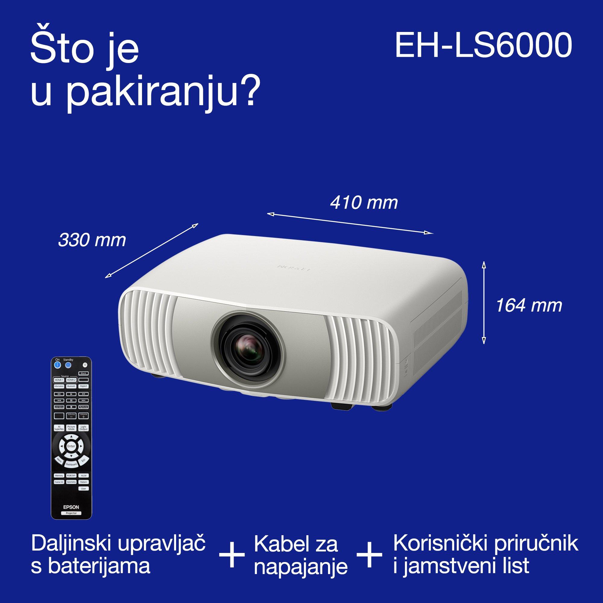 Epson EH-LS6000, Affordable 4K Laser Home Cinema Projector, AI imaging, Matter-support, 3,400 Lumens, 500" display, 5-year warranty whats in the box