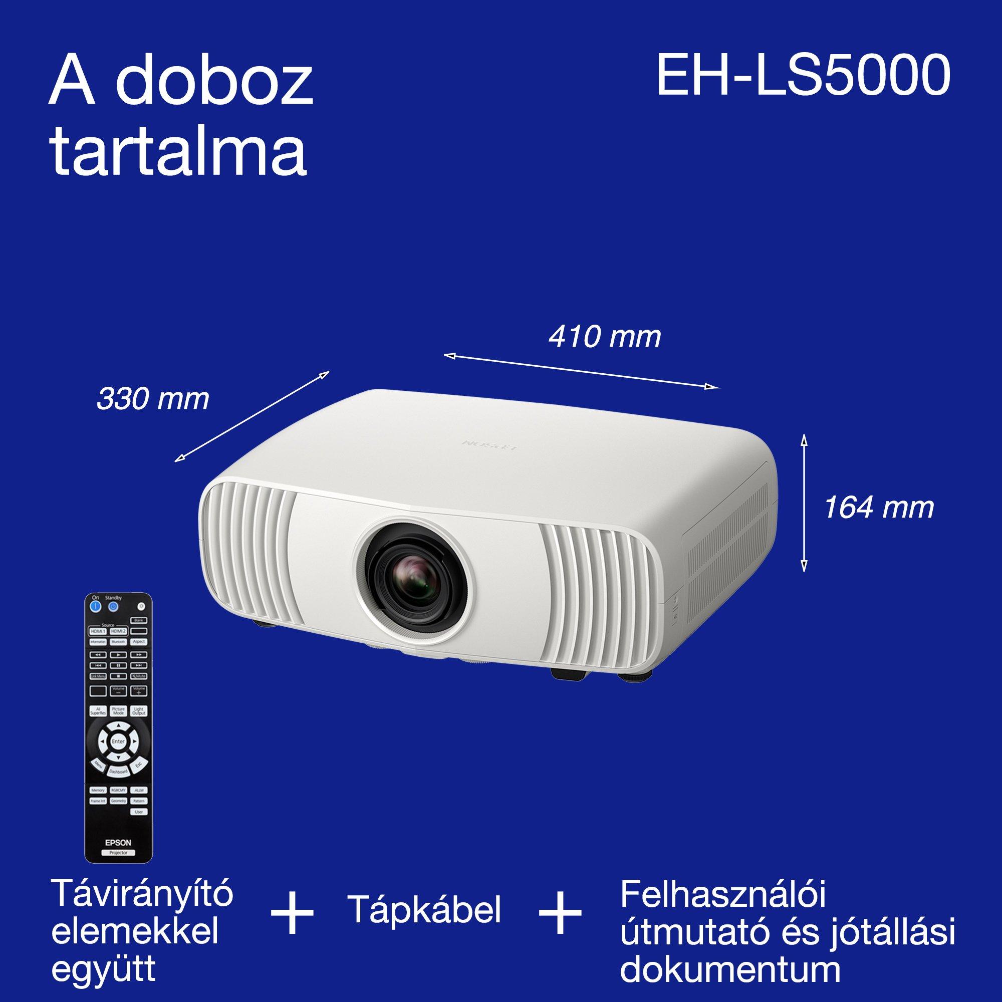 Epson EH-LS5000, megfizethető 4K lézeres házimozi-projektor, MI képalkotás, Matter-kompatibilis, 2500 lumen, 500 hüvelykes kijelző, 5 év garancia whats in the box