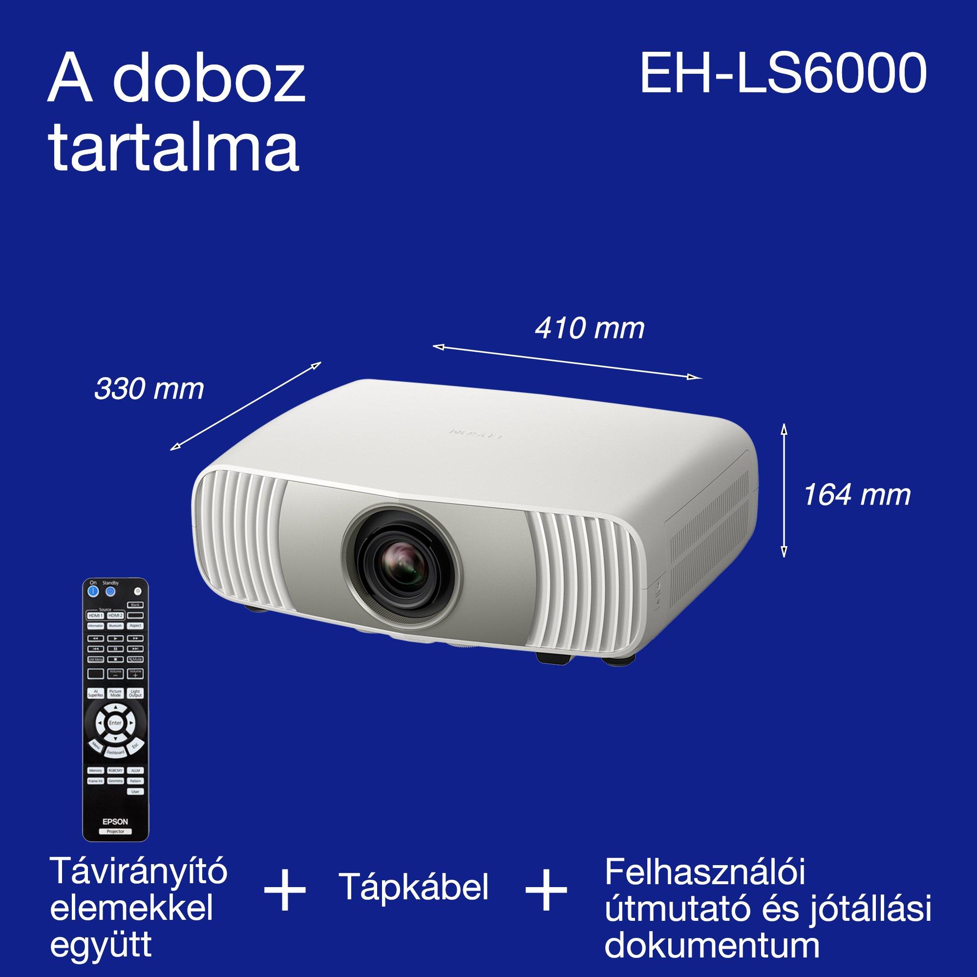 Epson EH-LS6000, megfizethető 4K lézeres házimozi projektor, AI képfeldolgozás, Matter-kompatibilis, 3400 lumen, akár 500 hüvelykes kép, 5 év garancia whats in the box